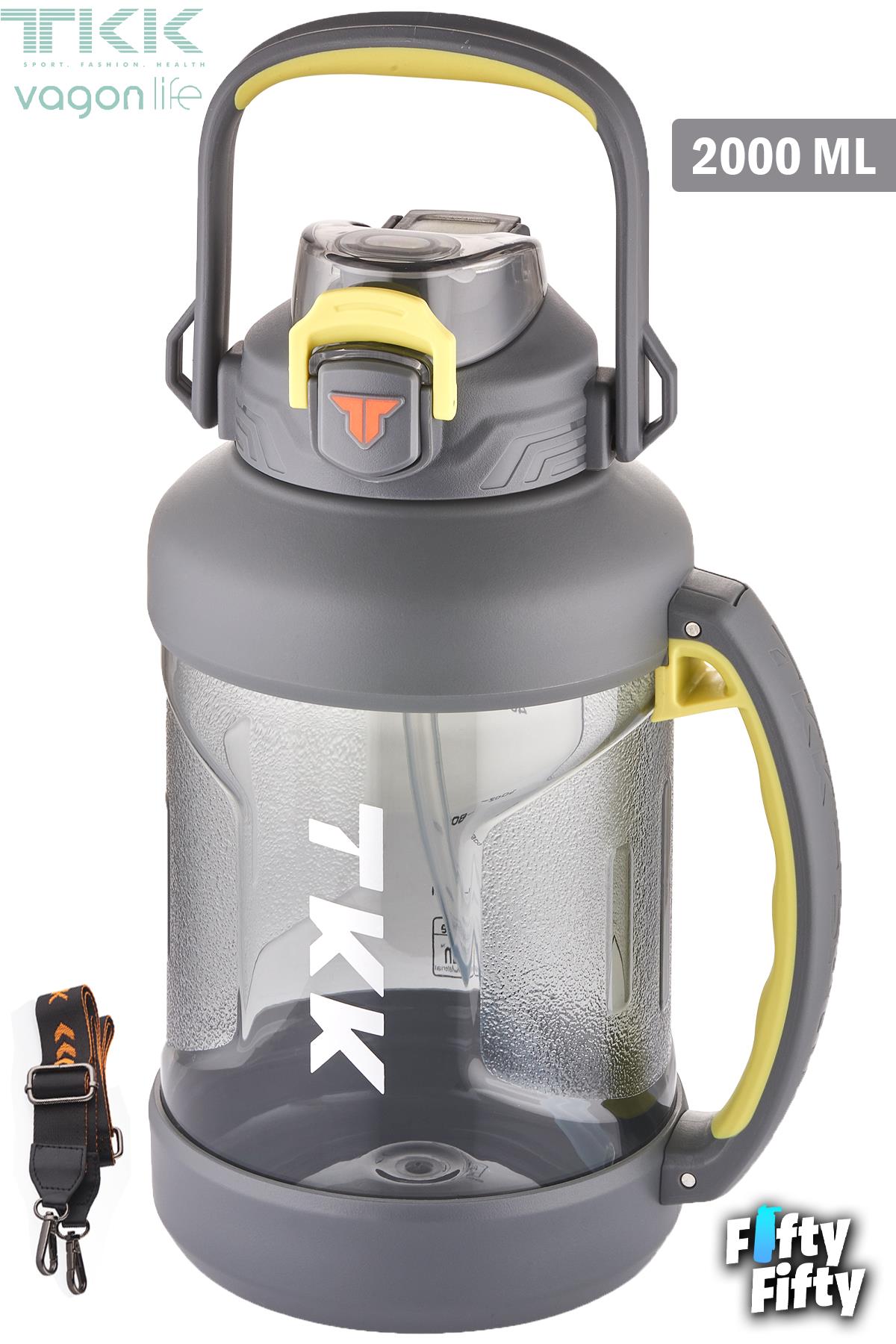 TKK 2000 ML Tek Kapak Çift Kullanım Pipetli/Rahat İçim Tritan Su Matarası-FFTKK1028-2000ML - Gri