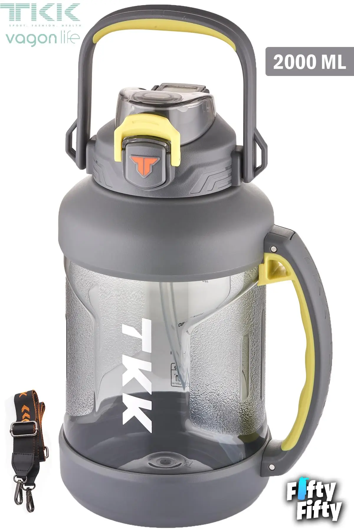 TKK 2000 ML Tek Kapak Çift Kullanım Pipetli/Rahat İçim Tritan Su Matarası-FFTKK1028-2000ML - Gri