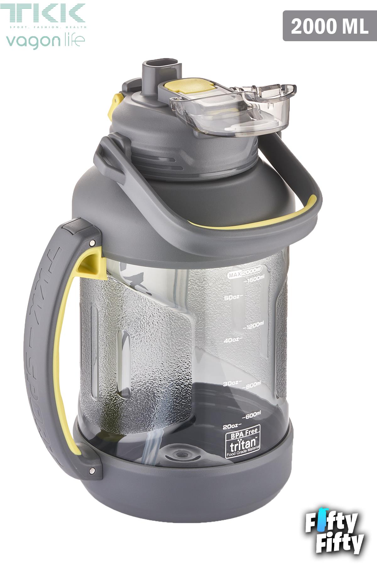 TKK 2000 ML Tek Kapak Çift Kullanım Pipetli/Rahat İçim Tritan Su Matarası-FFTKK1028-2000ML