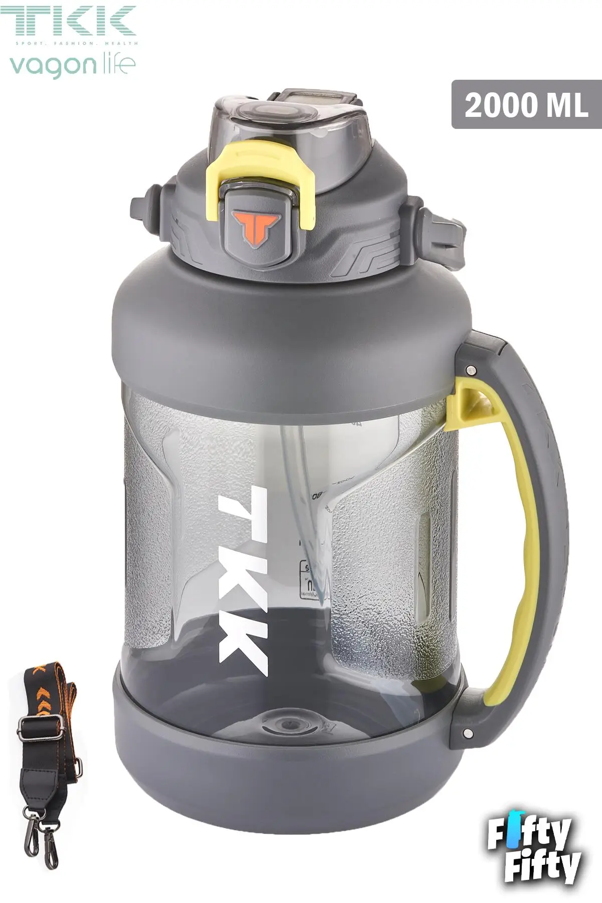 TKK 2000 ML Tek Kapak Çift Kullanım Pipetli/Rahat İçim Tritan Su Matarası-FFTKK1028-2000ML