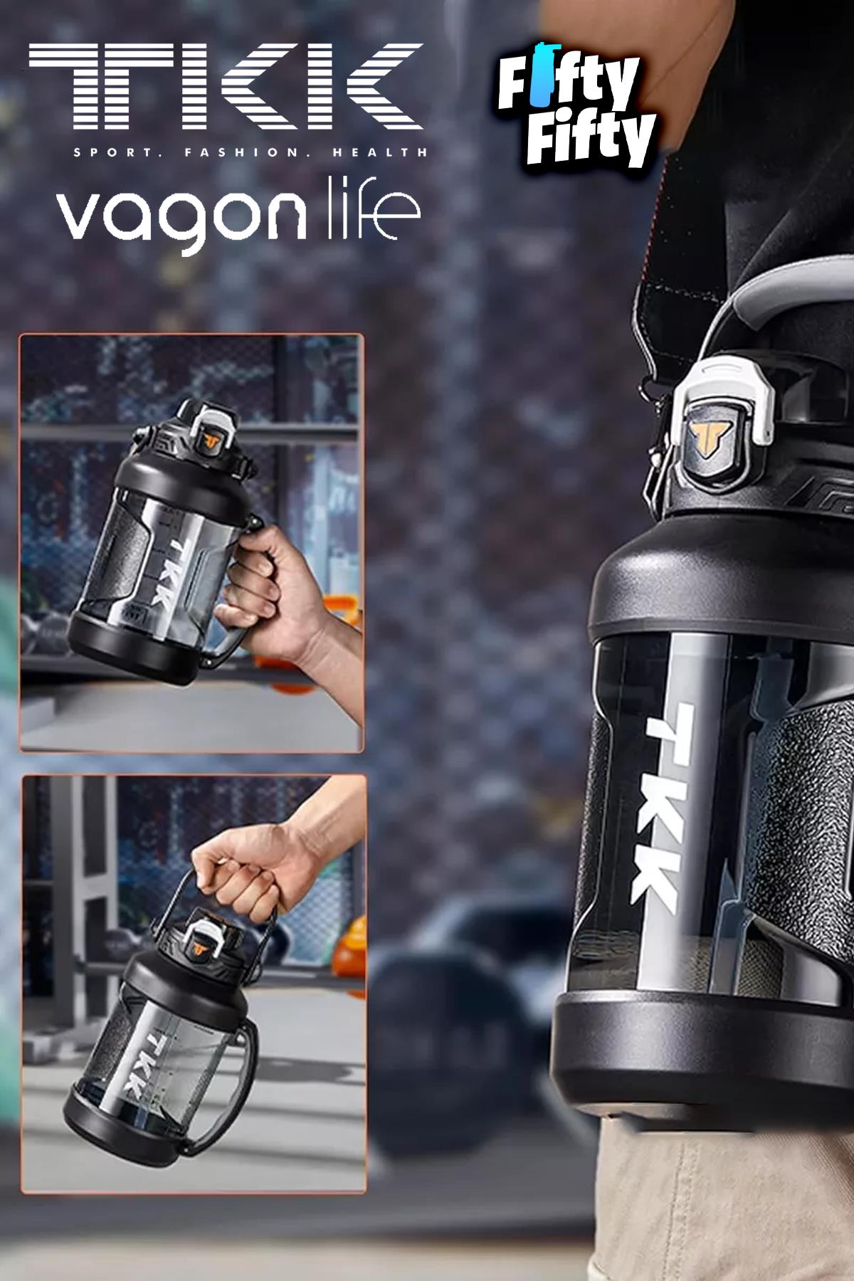 TKK 2000 ML Tek Kapak Çift Kullanım Pipetli/Rahat İçim Tritan Su Matarası-FFTKK1028-2000ML