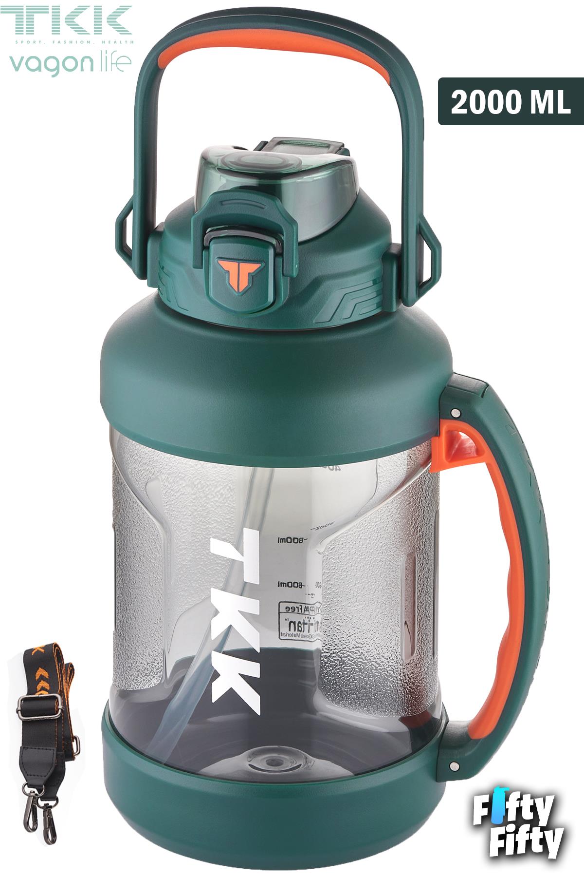 TKK 2000 ML Tek Kapak Çift Kullanım Pipetli/Rahat İçim Tritan Su Matarası-FFTKK1028-2000ML - Yeşil