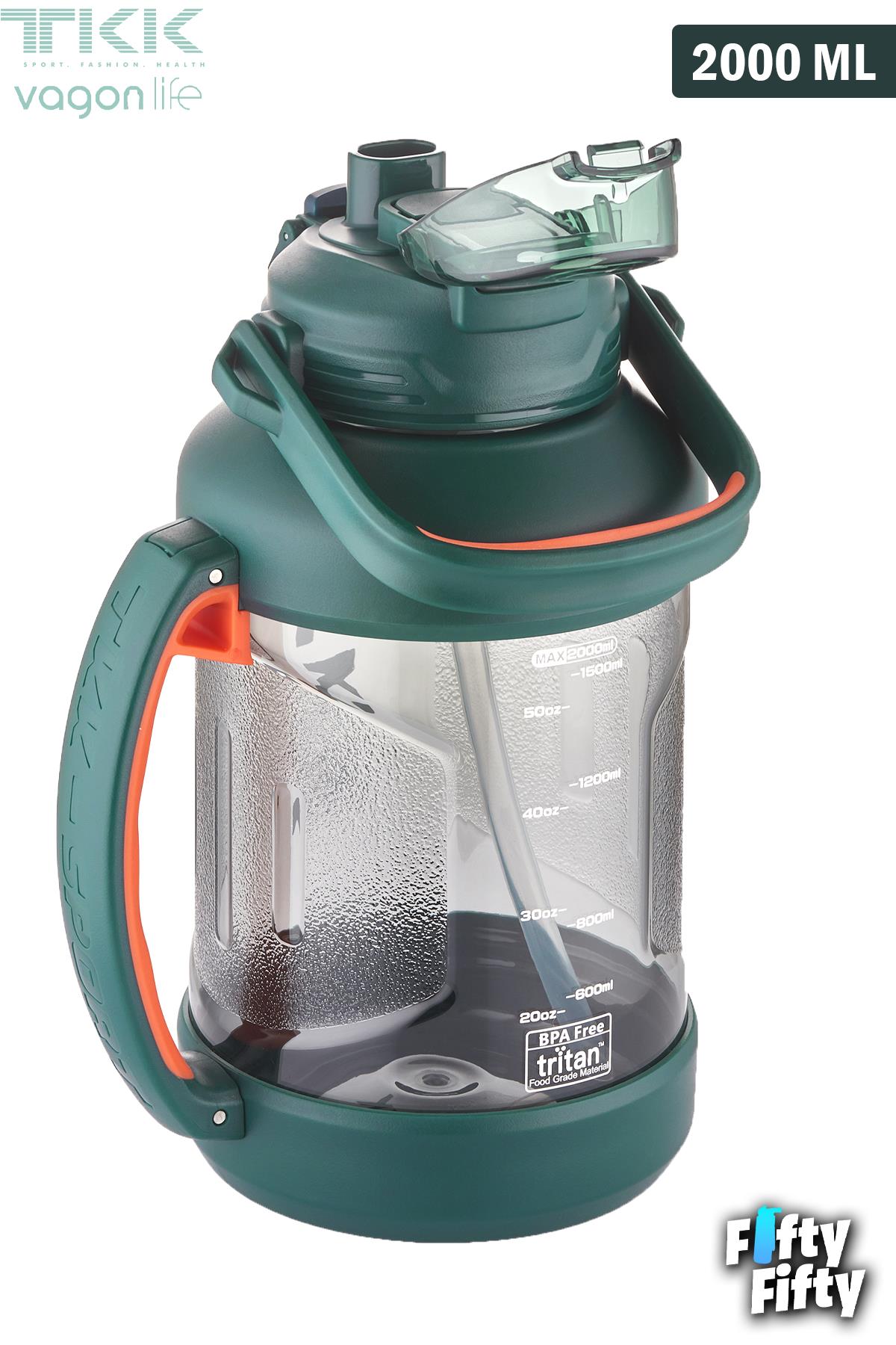 TKK 2000 ML Tek Kapak Çift Kullanım Pipetli/Rahat İçim Tritan Su Matarası-FFTKK1028-2000ML