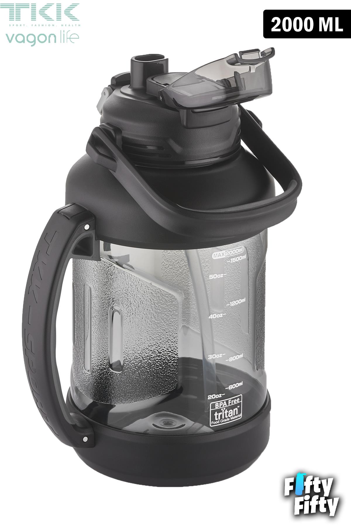 TKK 2000 ML Tek Kapak Çift Kullanım Pipetli/Rahat İçim Tritan Su Matarası-FFTKK1028-2000ML
