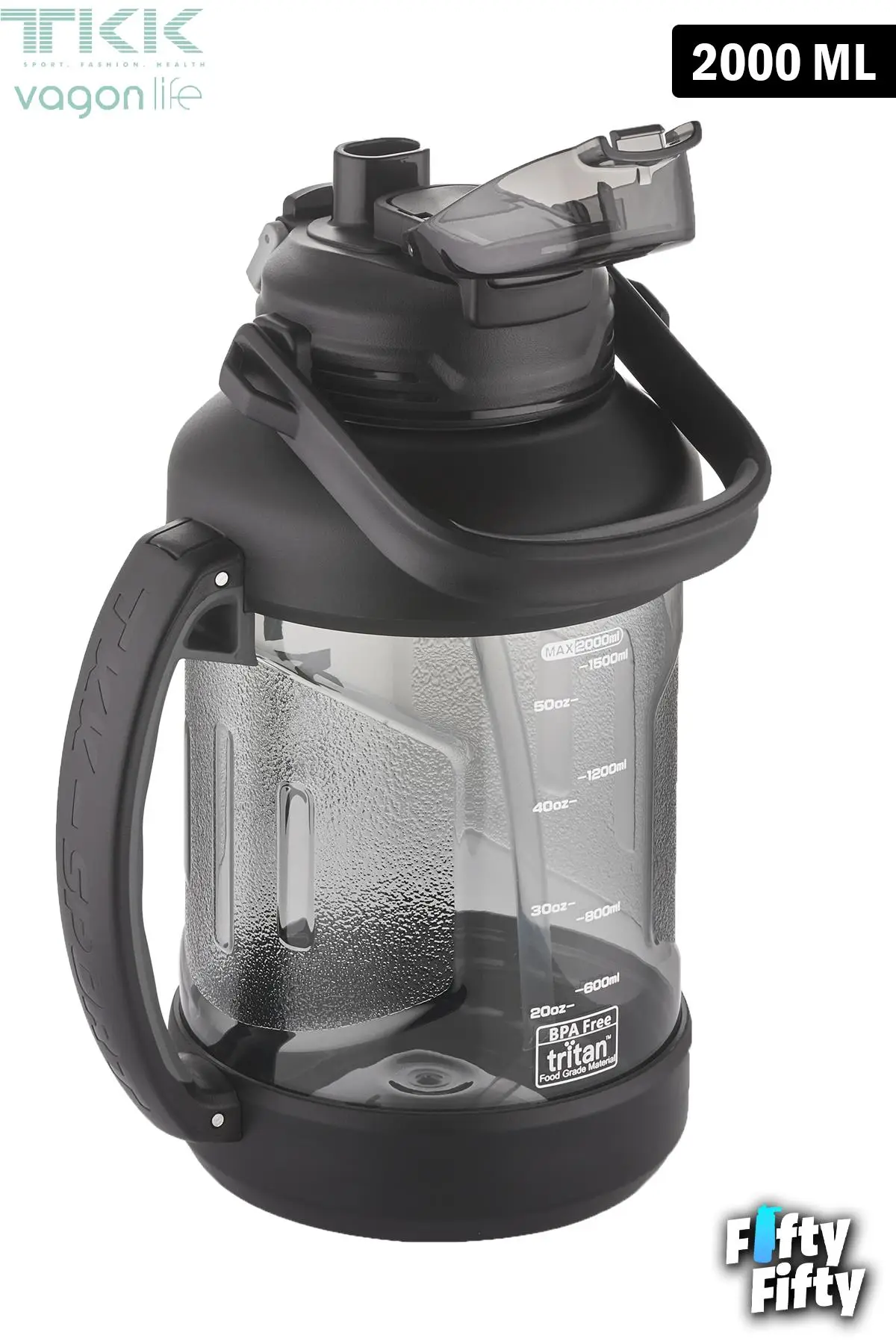 TKK 2000 ML Tek Kapak Çift Kullanım Pipetli/Rahat İçim Tritan Su Matarası-FFTKK1028-2000ML