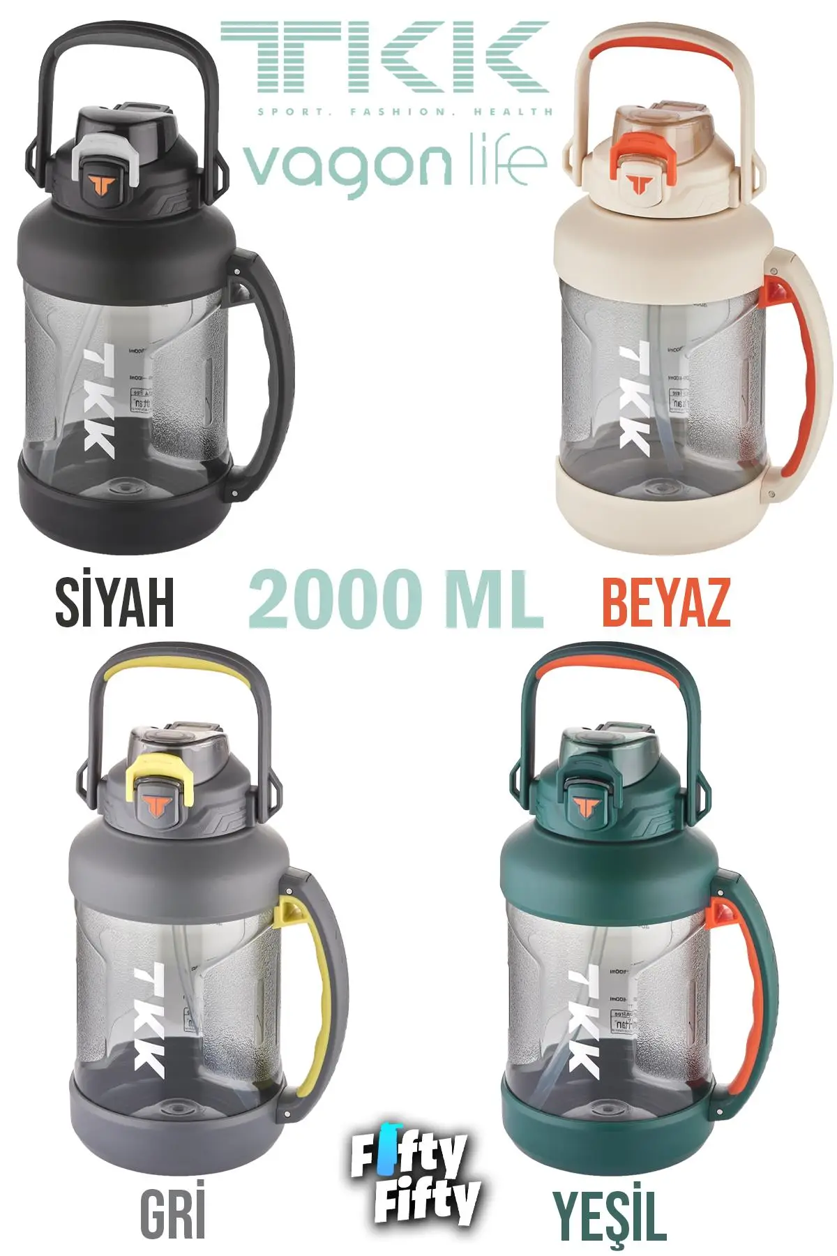 TKK 2000 ML Tek Kapak Çift Kullanım Pipetli/Rahat İçim Tritan Su Matarası-FFTKK1028-2000ML