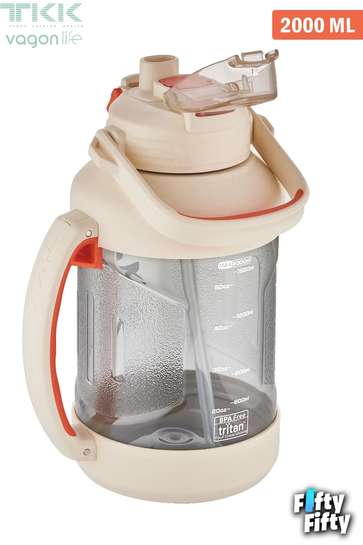 TKK 2000 ML Tek Kapak Çift Kullanım Pipetli/Rahat İçim Tritan Su Matarası-FFTKK1028-2000ML