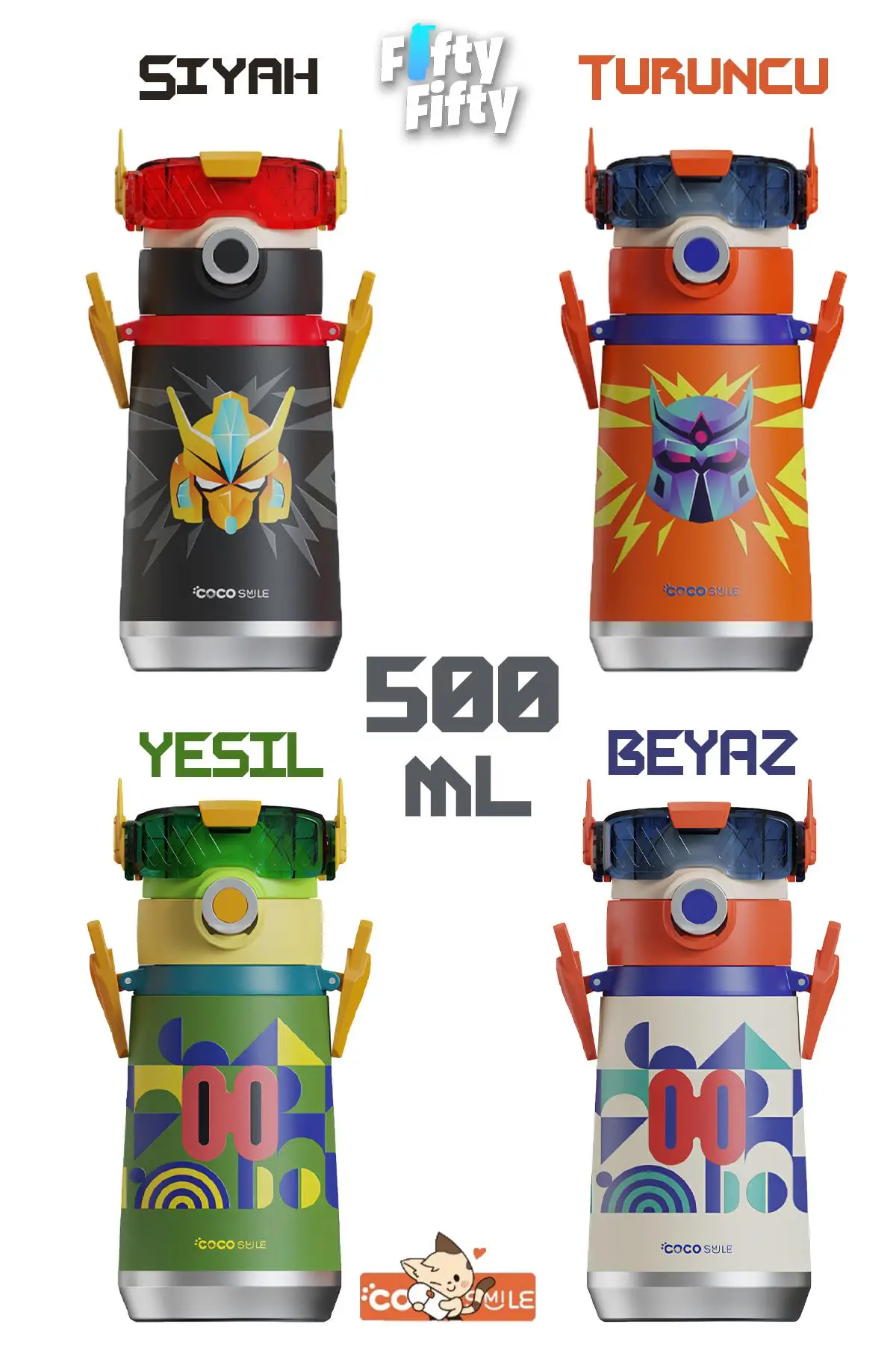 CocoSmile Özel Kutulu 500 ML Pipetli Çelik Termos -Boyun Askılı- 4 Farklı Robot Modeli cs0001