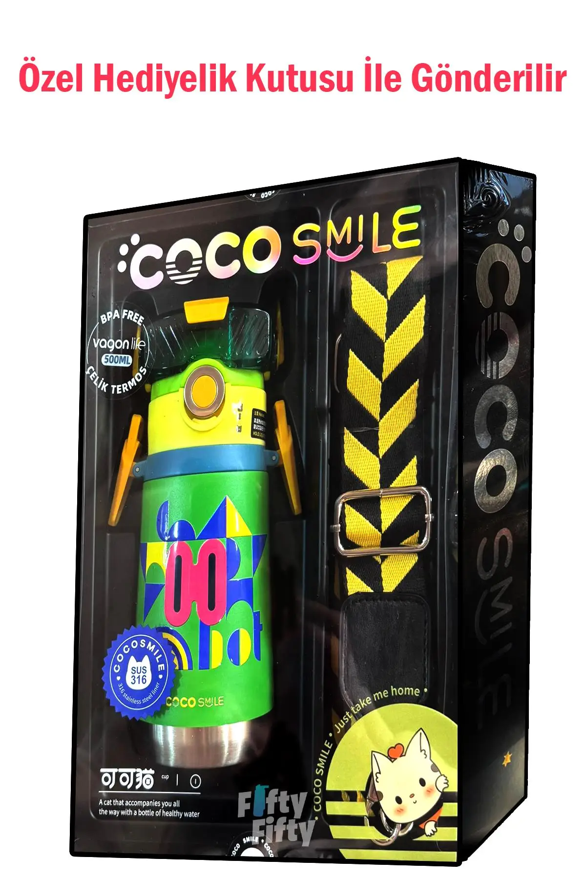 CocoSmile Özel Kutulu 500 ML Pipetli Çelik Termos -Boyun Askılı- 4 Farklı Robot Modeli cs0001