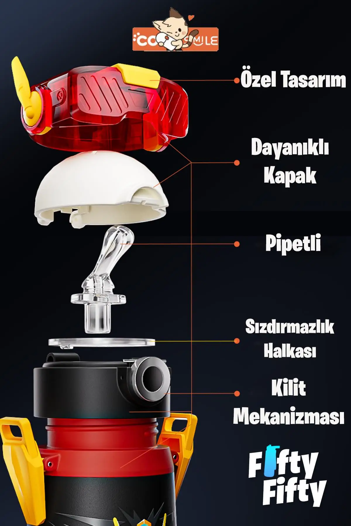CocoSmile Özel Kutulu 500 ML Pipetli Çelik Termos -Boyun Askılı- 4 Farklı Robot Modeli cs0001