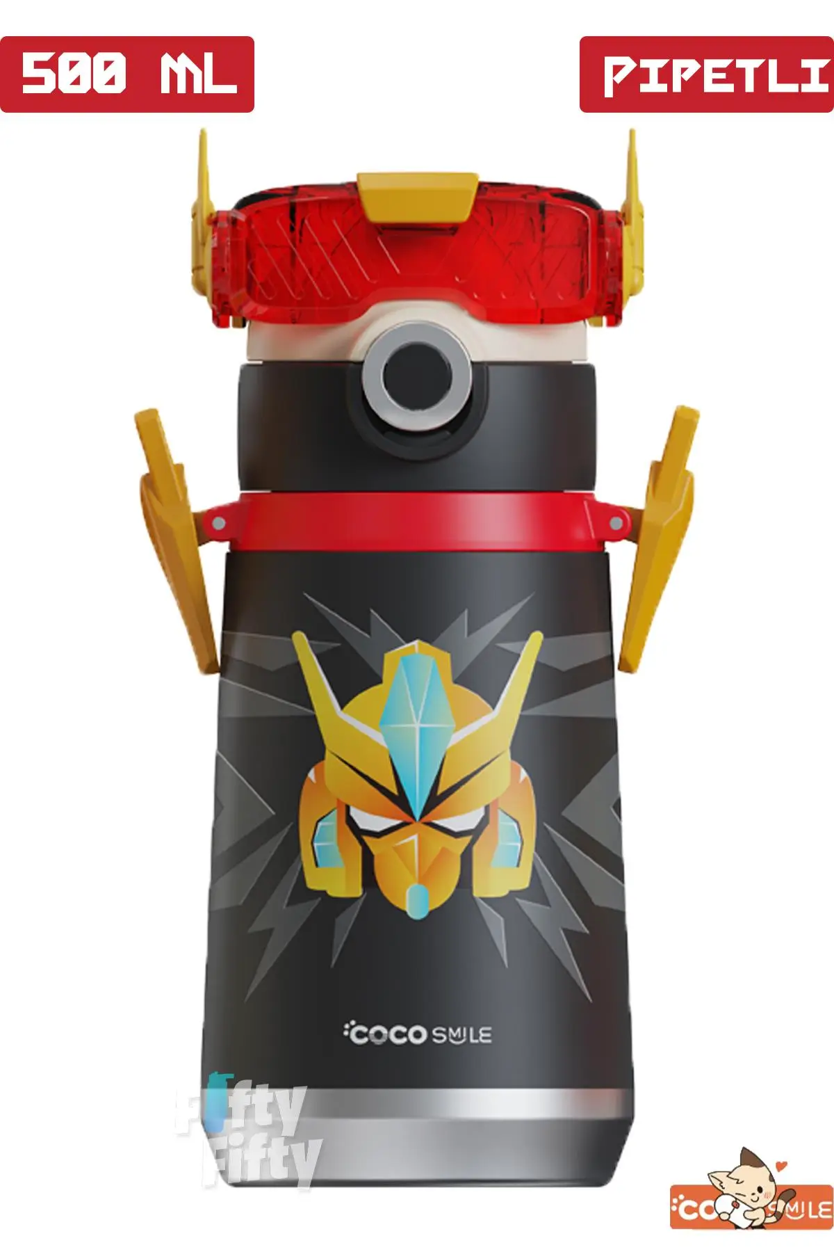 CocoSmile Özel Kutulu 500 ML Pipetli Çelik Termos -Boyun Askılı- 4 Farklı Robot Modeli cs0001 - Siyah