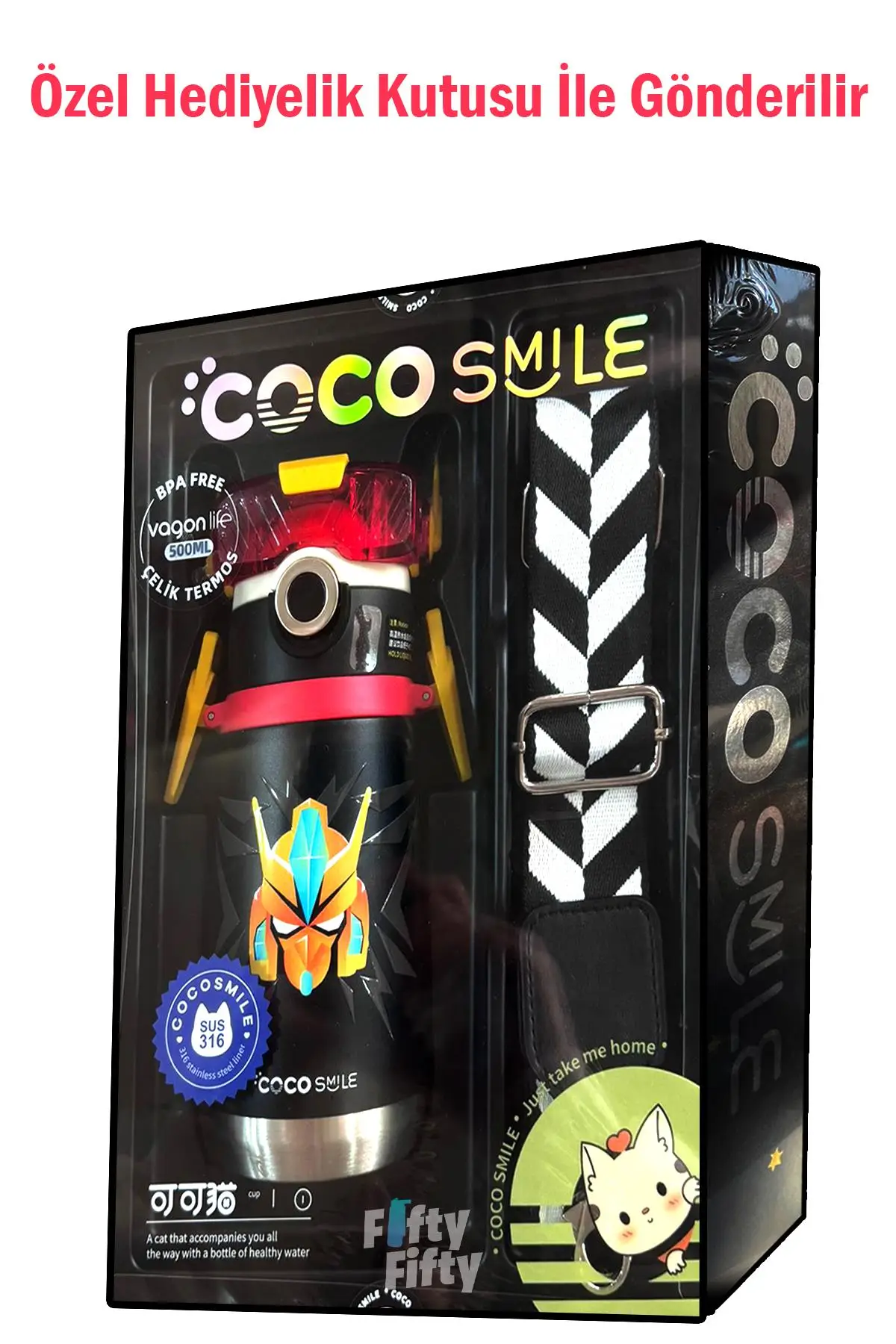 CocoSmile Özel Kutulu 500 ML Pipetli Çelik Termos -Boyun Askılı- 4 Farklı Robot Modeli cs0001