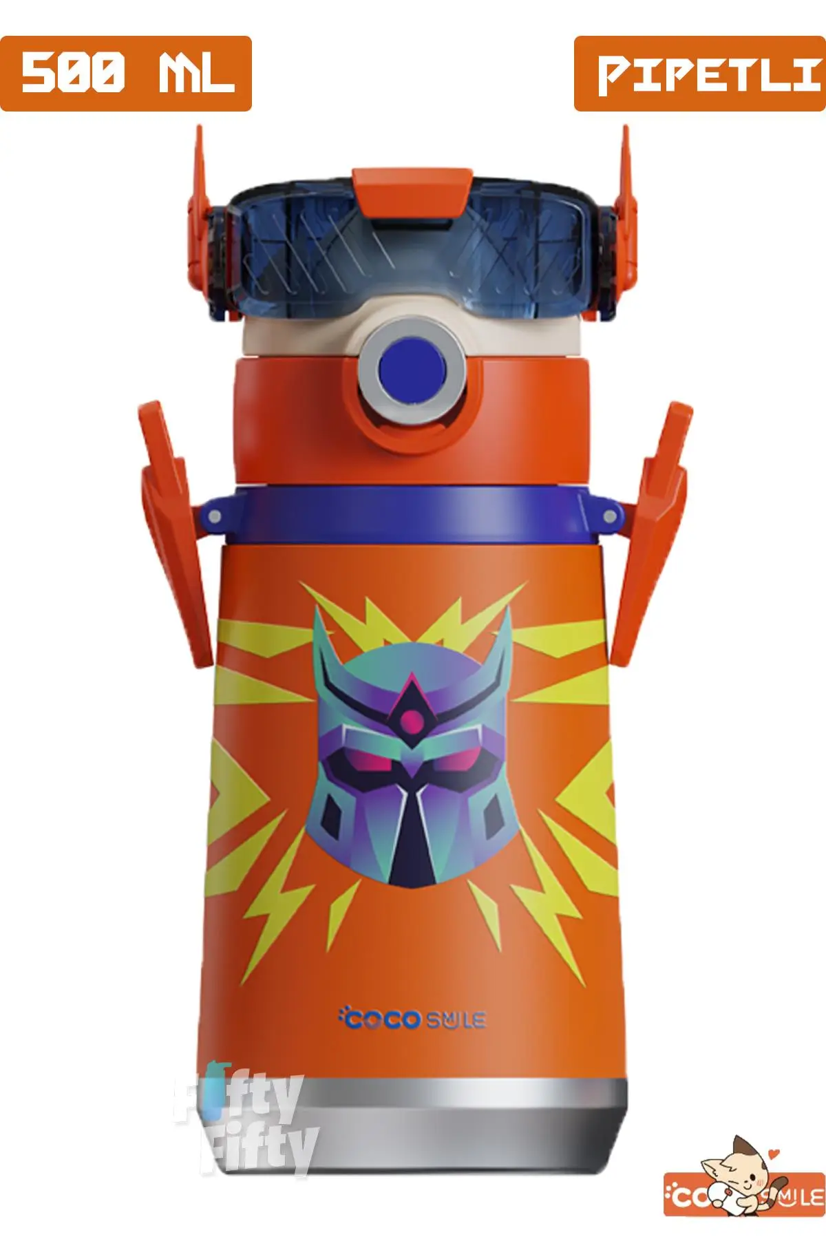 CocoSmile Özel Kutulu 500 ML Pipetli Çelik Termos -Boyun Askılı- 4 Farklı Robot Modeli cs0001 - Turuncu