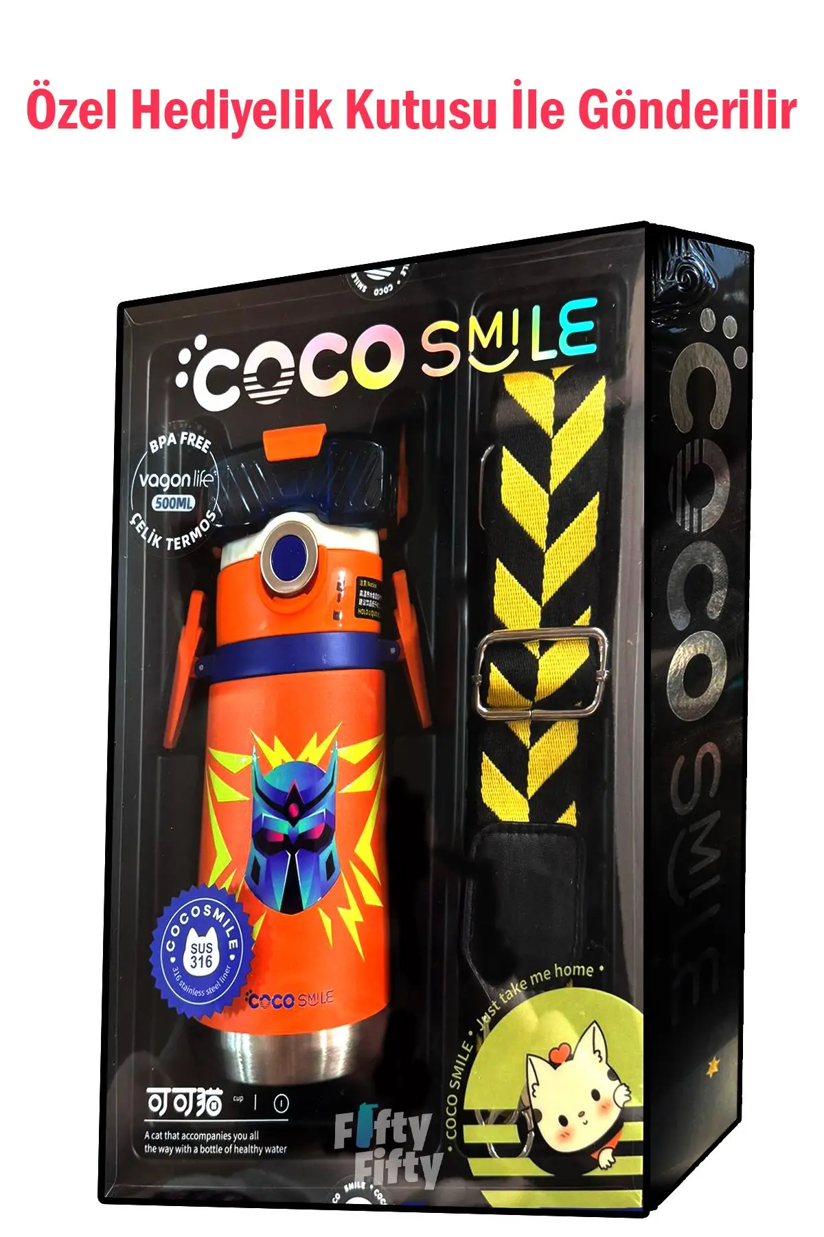 CocoSmile Özel Kutulu 500 ML Pipetli Çelik Termos -Boyun Askılı- 4 Farklı Robot Modeli cs0001