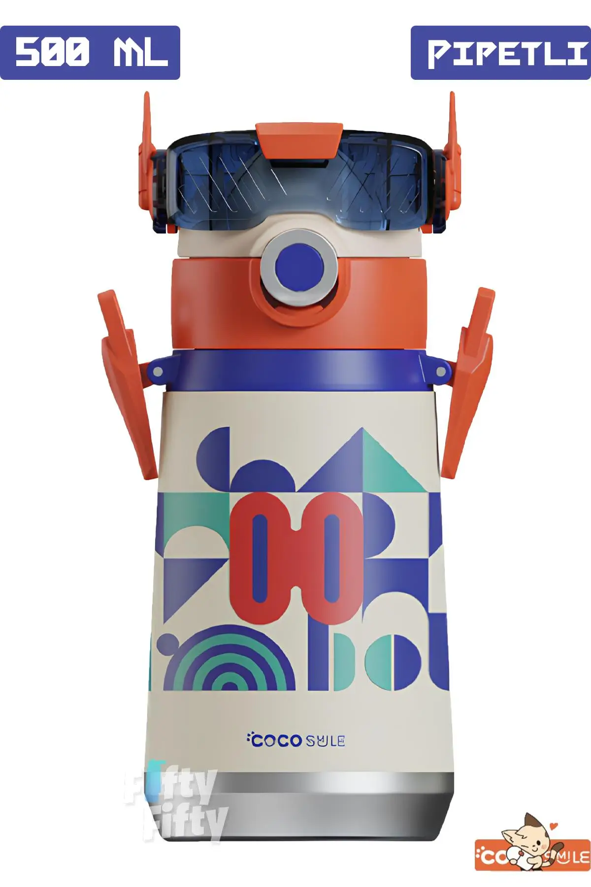 CocoSmile Özel Kutulu 500 ML Pipetli Çelik Termos -Boyun Askılı- 4 Farklı Robot Modeli cs0001 - Beyaz