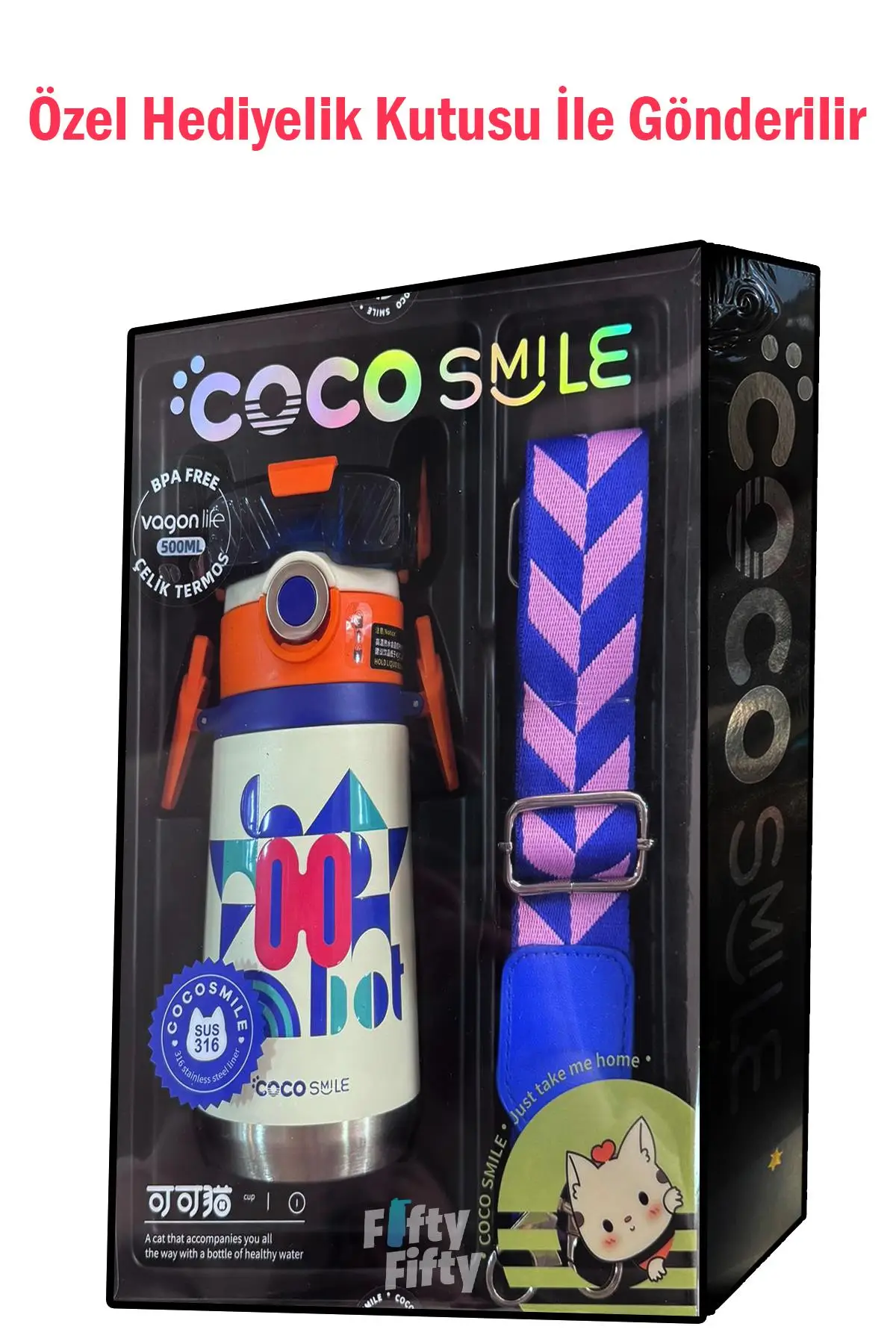 CocoSmile Özel Kutulu 500 ML Pipetli Çelik Termos -Boyun Askılı- 4 Farklı Robot Modeli cs0001