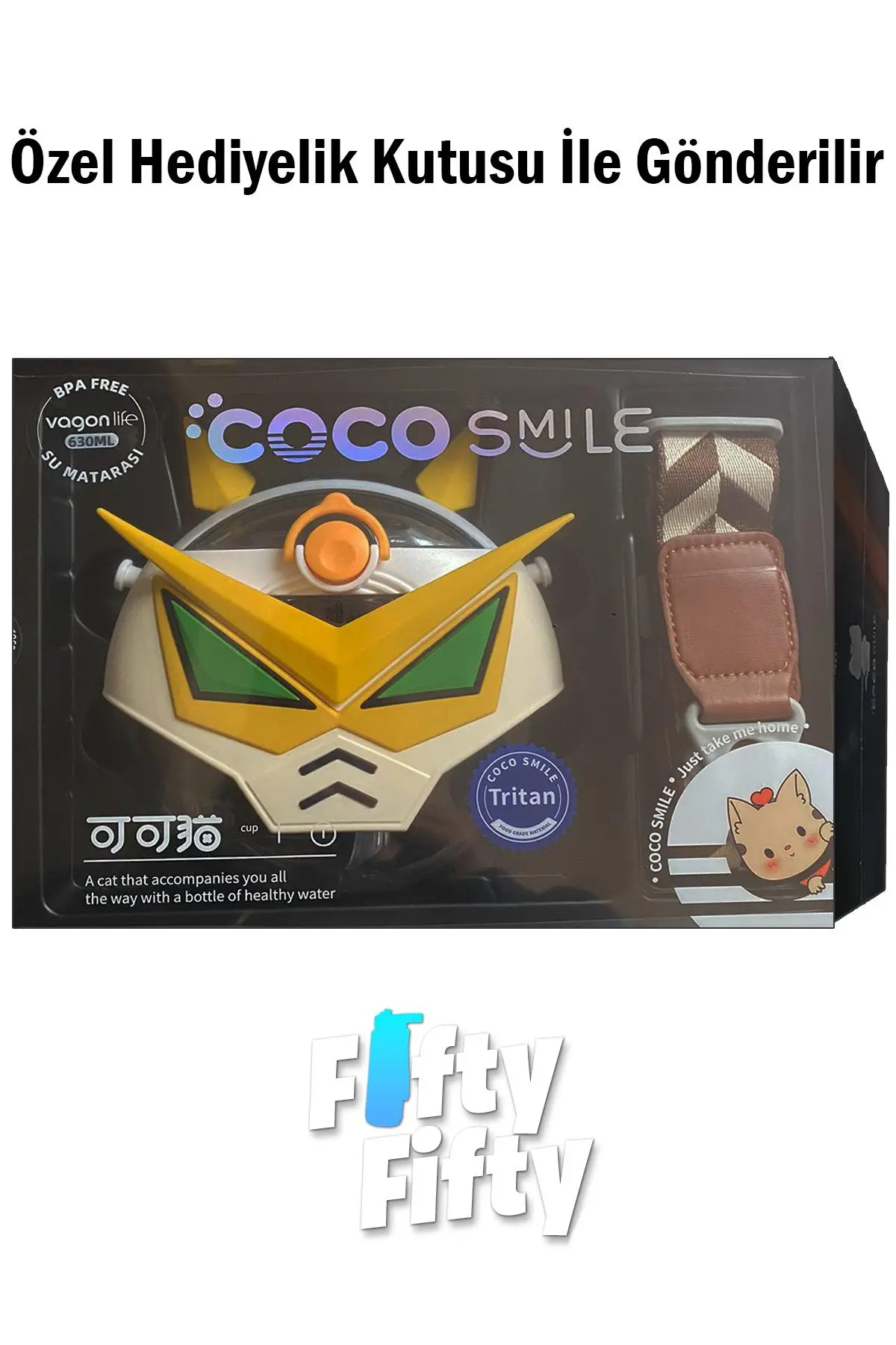 CocoSmile Özel Kutulu 630 ML Pipetli Robot Temalı Tritan Su Matarası -Boyun Askılı- 4 Farklı Model ffcs0005