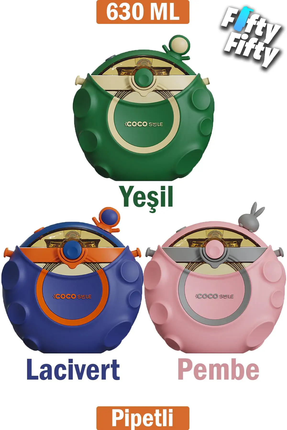 CocoSmile Özel Kutulu 630 ML Pipetli Uzay Temalı Tritan Su Matarası -Boyun Askılı- 3 Farklı Model ffcs0006