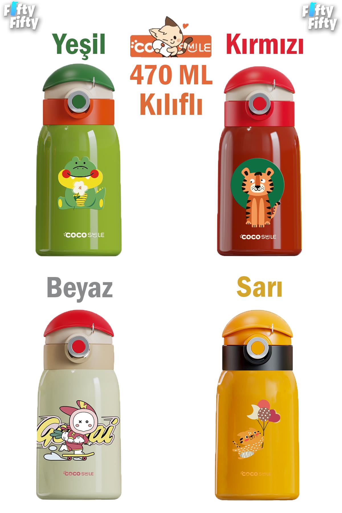 CocoSmile Özel Kutulu Kılıflı 470 ML Pipetli Çelik Termos -Boyun Askılı- 4 Farklı Model csKılıflı