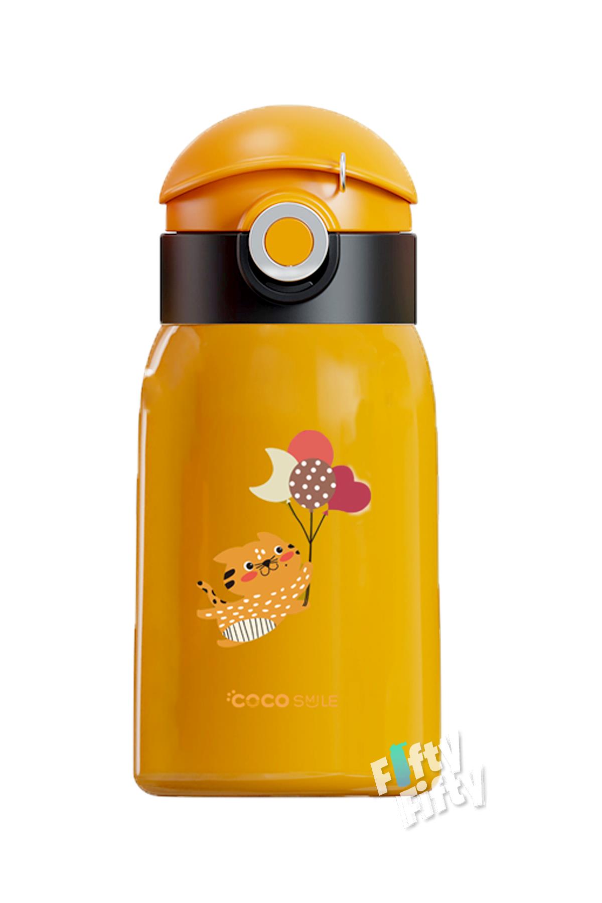 CocoSmile Özel Kutulu Kılıflı 470 ML Pipetli Çelik Termos -Boyun Askılı- 4 Farklı Model csKılıflı - Sarı