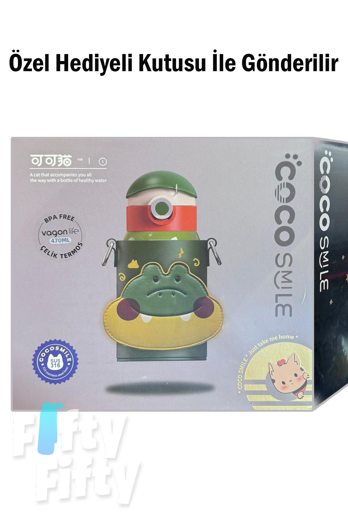 CocoSmile Özel Kutulu Kılıflı 470 ML Pipetli Çelik Termos -Boyun Askılı- 4 Farklı Model csKılıflı