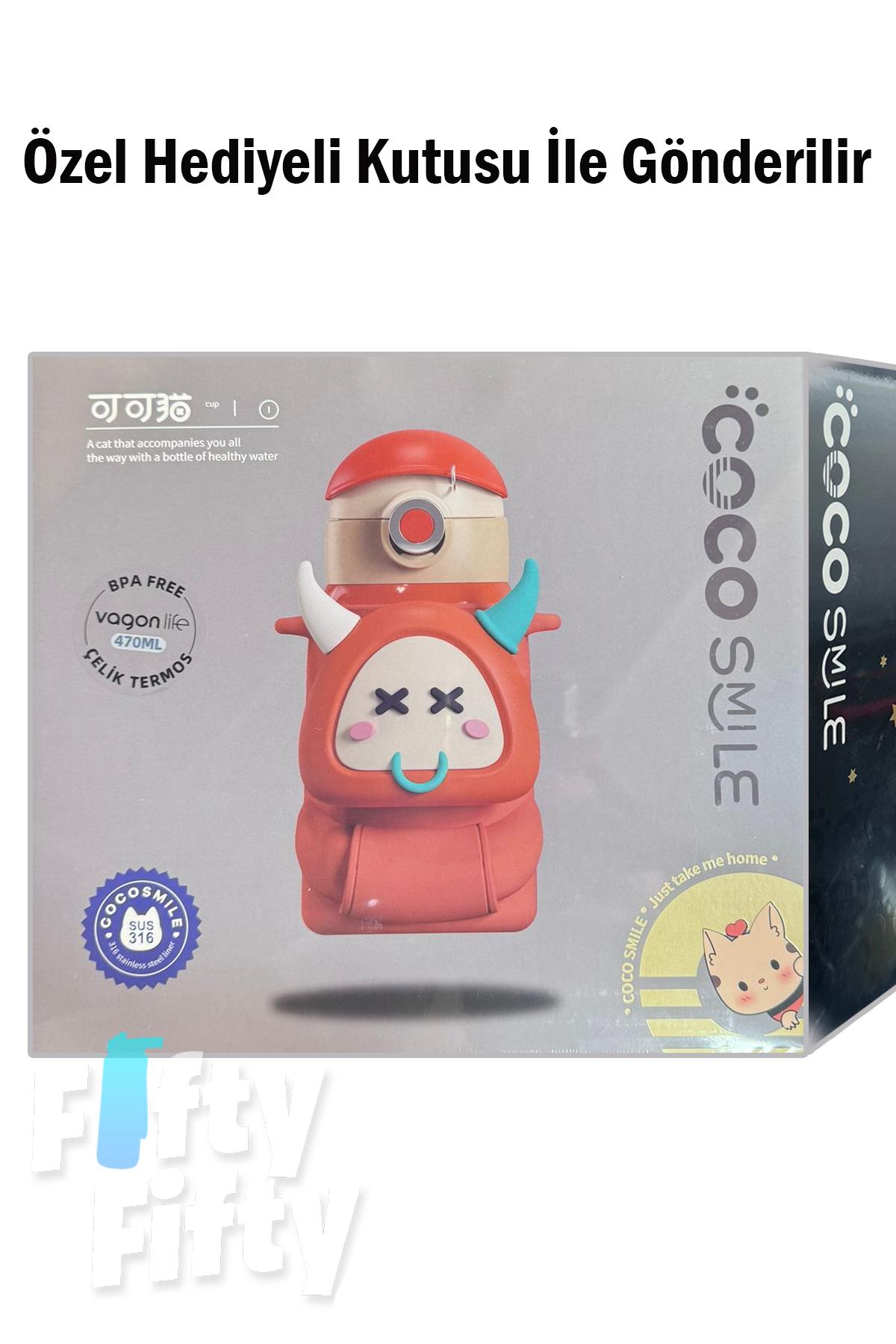 CocoSmile Özel Kutulu Kılıflı 470 ML Pipetli Çelik Termos -Boyun Askılı- 4 Farklı Model csKılıflı