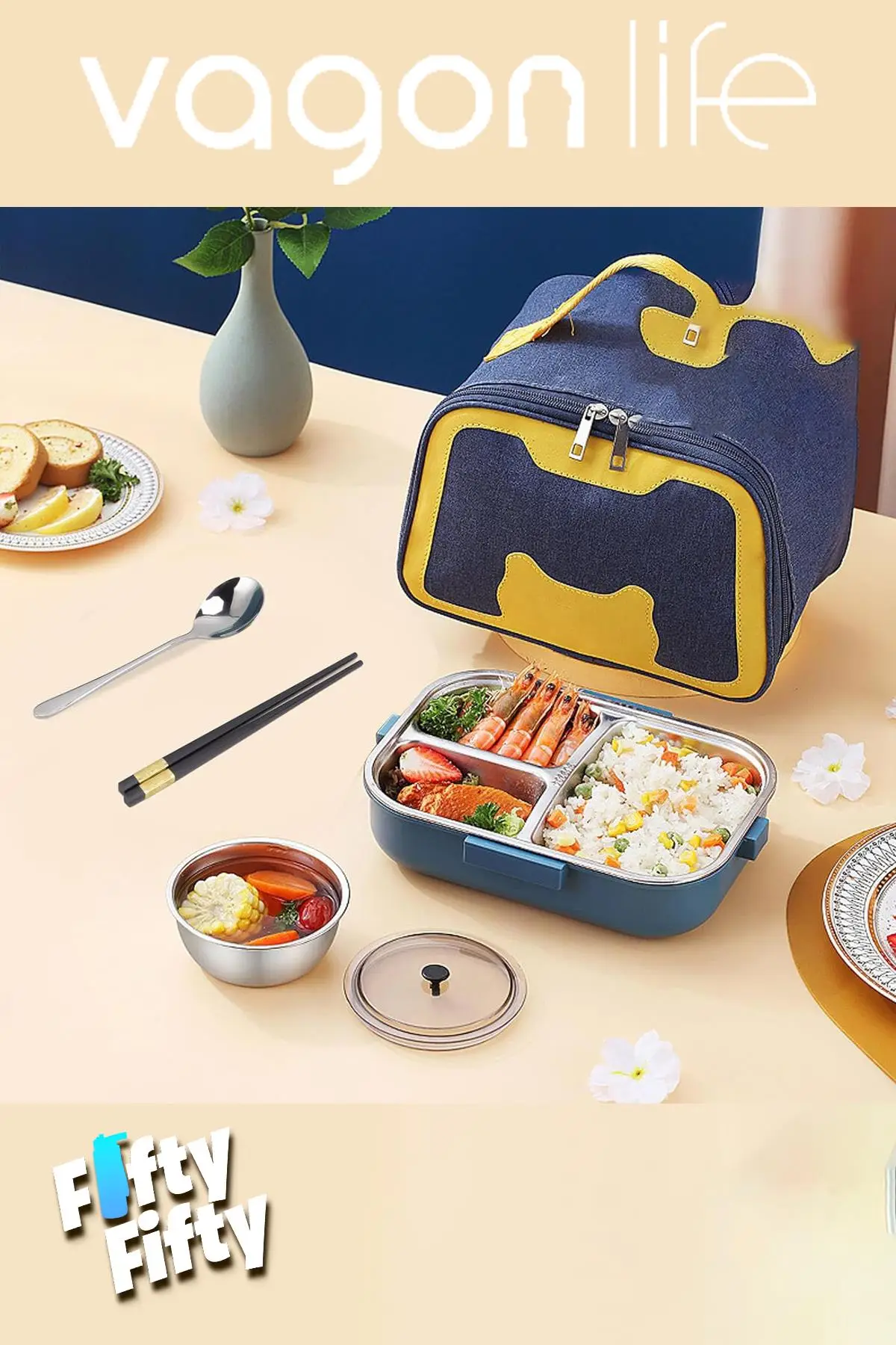 Vagonlife 1100 ML Çorba Kaseli-Metal Kaşıklı Paslanmaz Çelik Bento Lunch Box Yeni Nesil Sefer Tası-ffbl70100