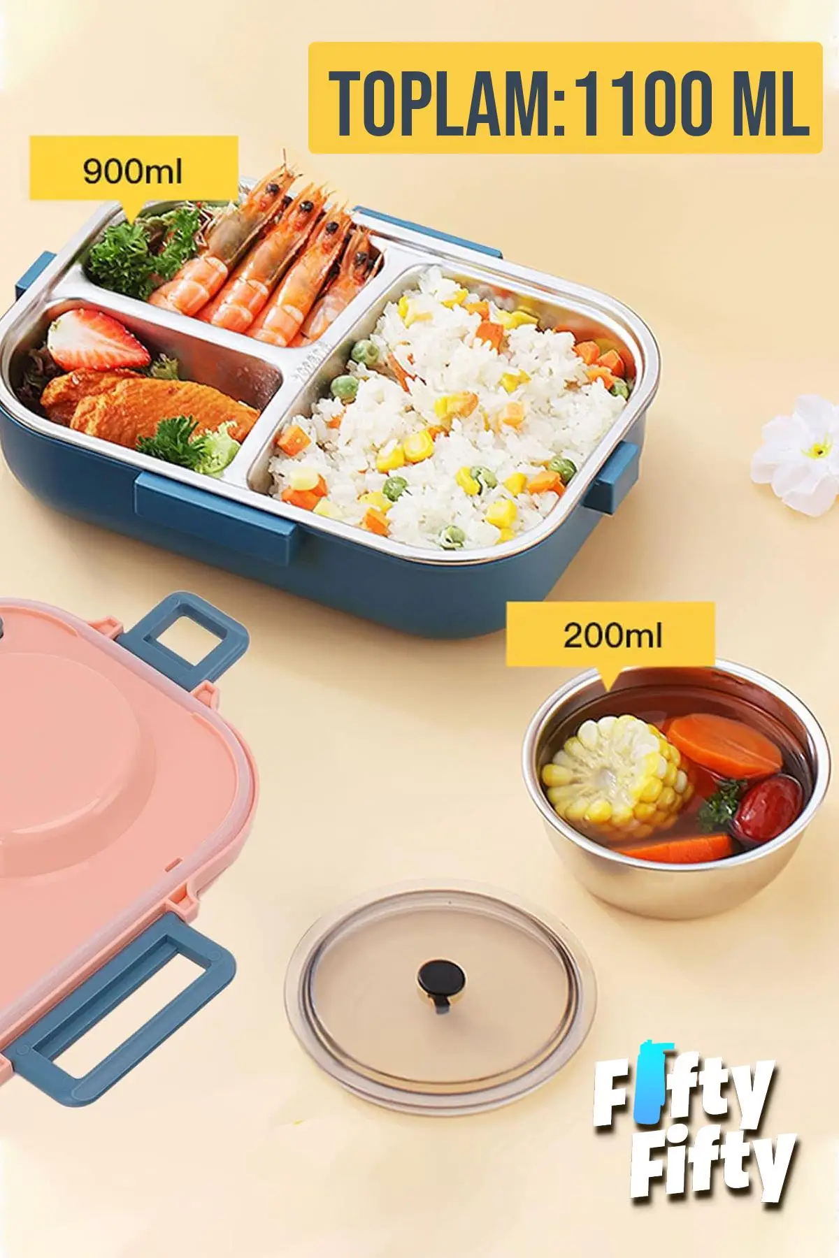 Vagonlife 1100 ML Çorba Kaseli-Metal Kaşıklı Paslanmaz Çelik Bento Lunch Box Yeni Nesil Sefer Tası-ffbl70100
