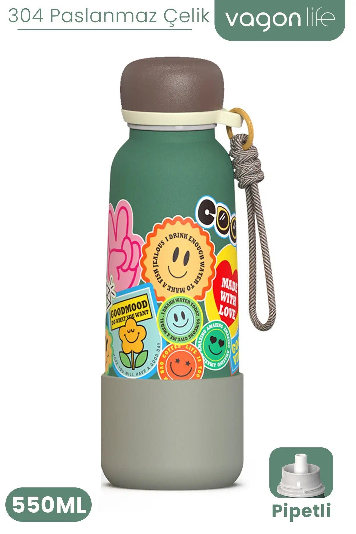 Desenli 550 ML Pipetli Sızdırmaz Paslanmaz Çelik Termos Matara El Askılı bpa içermez 550ml 1105FF - Yeşil