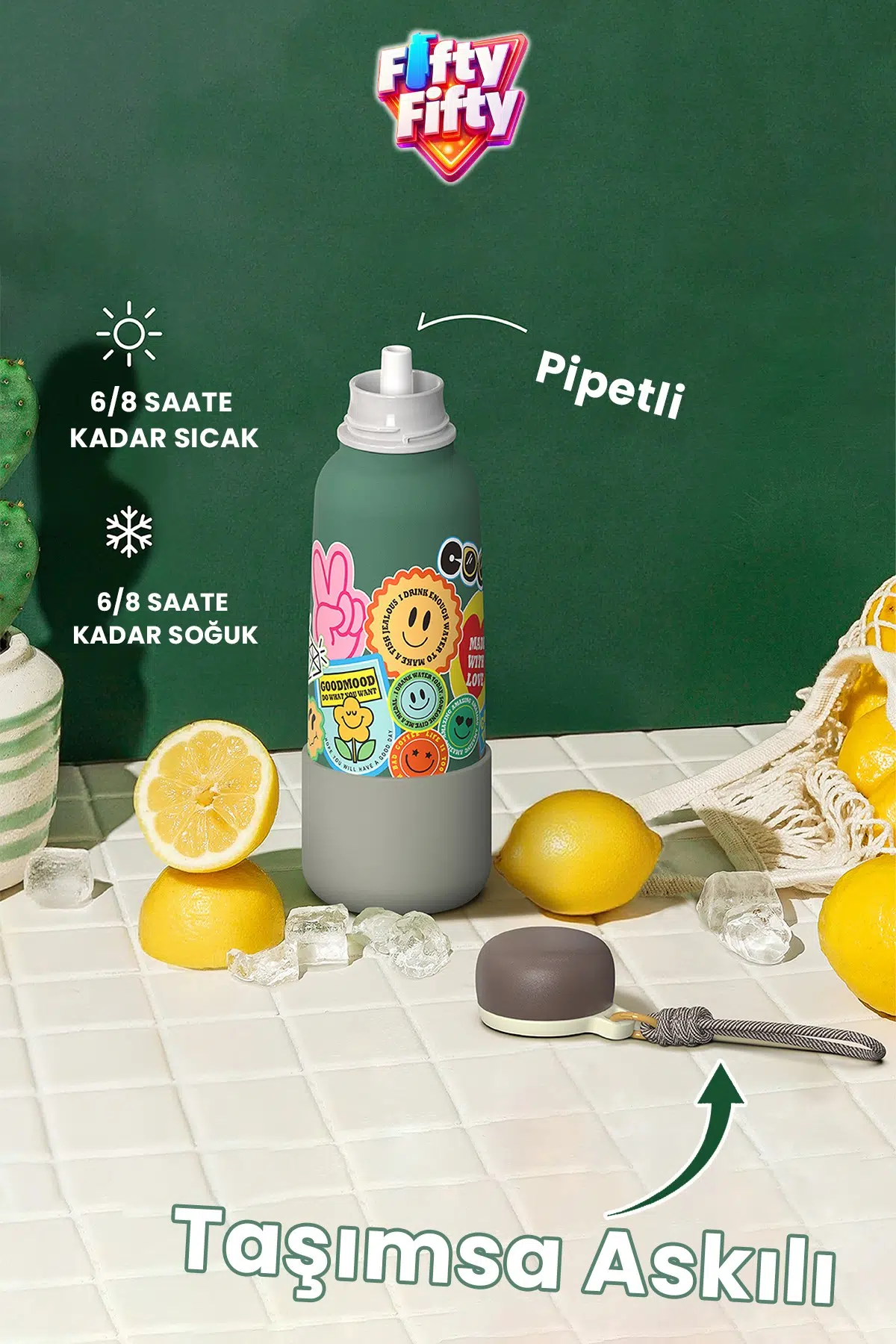 Desenli 550 ML Pipetli Sızdırmaz Paslanmaz Çelik Termos Matara El Askılı bpa içermez 550ml 1105FF