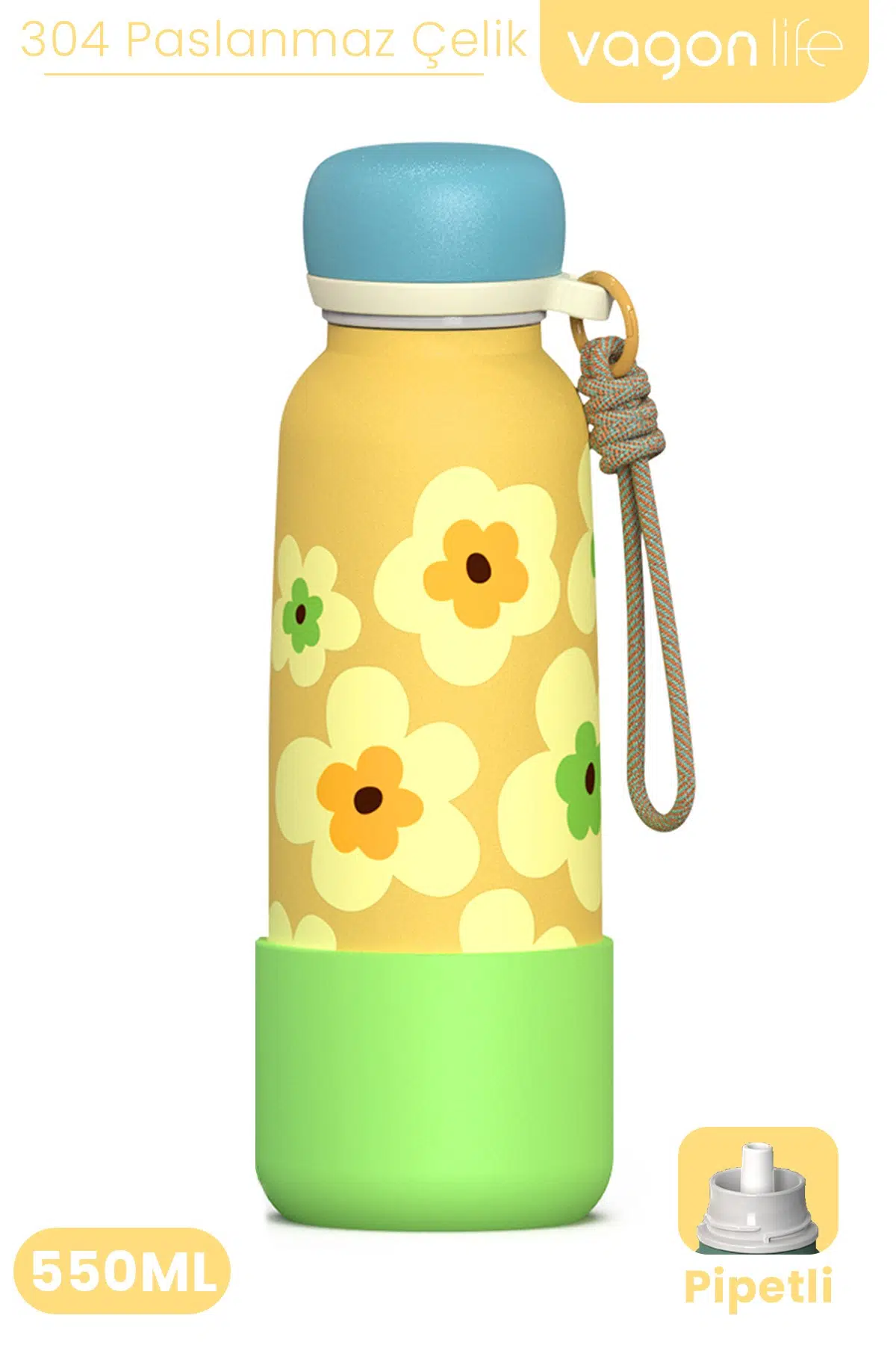 Desenli 550 ML Pipetli Sızdırmaz Paslanmaz Çelik Termos Matara El Askılı bpa içermez 550ml 1105FF - Sarı