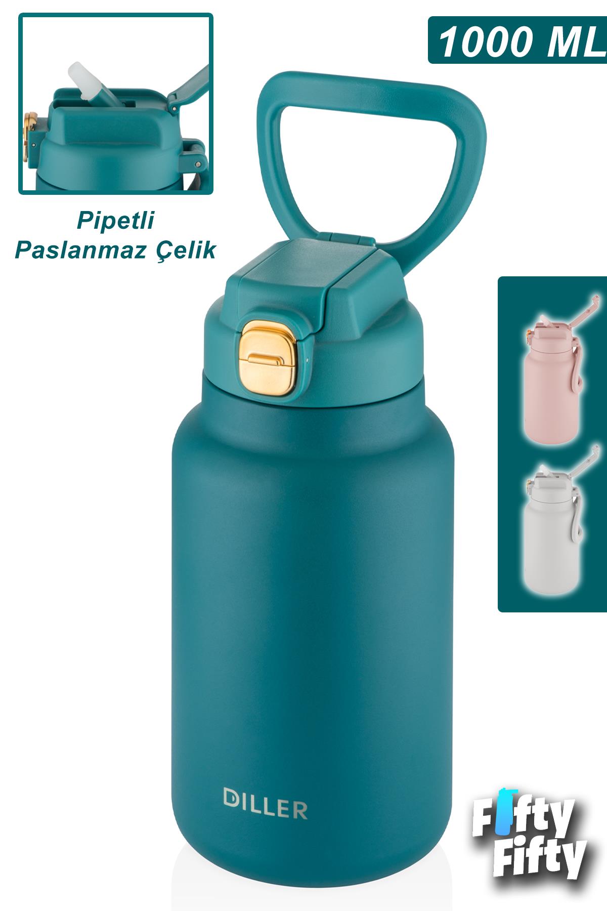 Vagonlife DILLER 1000ml Pipetli Taşıma Kulplu Çelik Matara 6 saat sıcak/soğuk tutma süresi 4 farklı renk - Yeşil