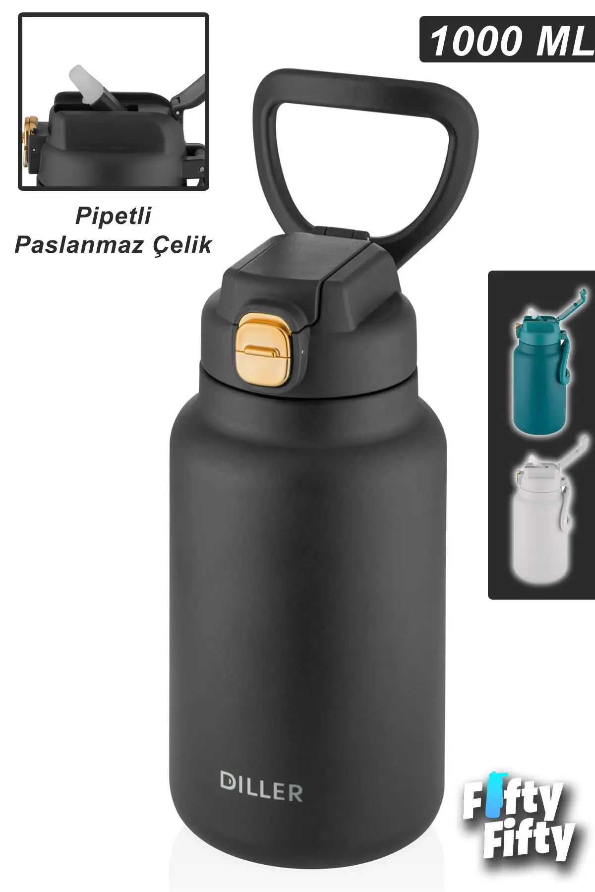 Vagonlife DILLER 1000ml Pipetli Taşıma Kulplu Çelik Matara 6 saat sıcak/soğuk tutma süresi 4 farklı renk