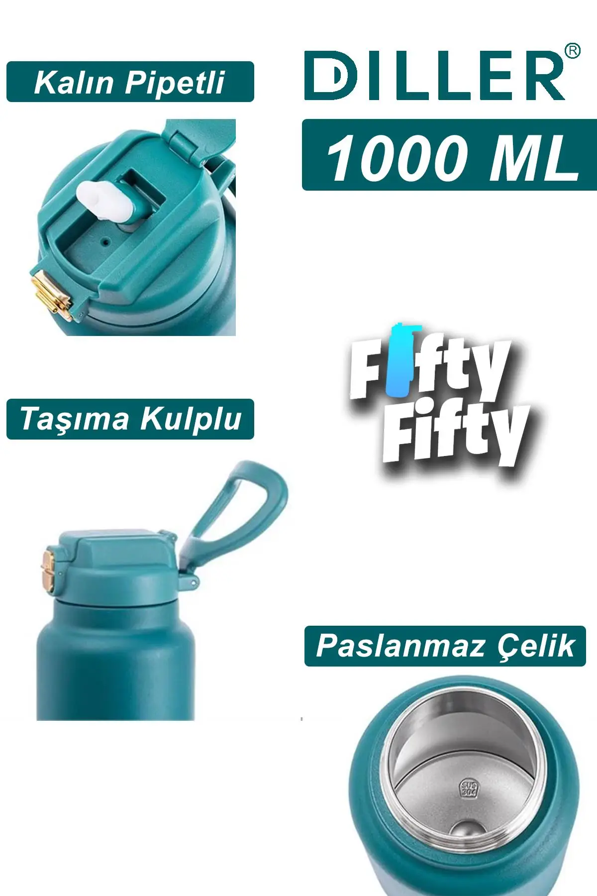 Vagonlife DILLER 1000ml Pipetli Taşıma Kulplu Çelik Matara 6 saat sıcak/soğuk tutma süresi 4 farklı renk