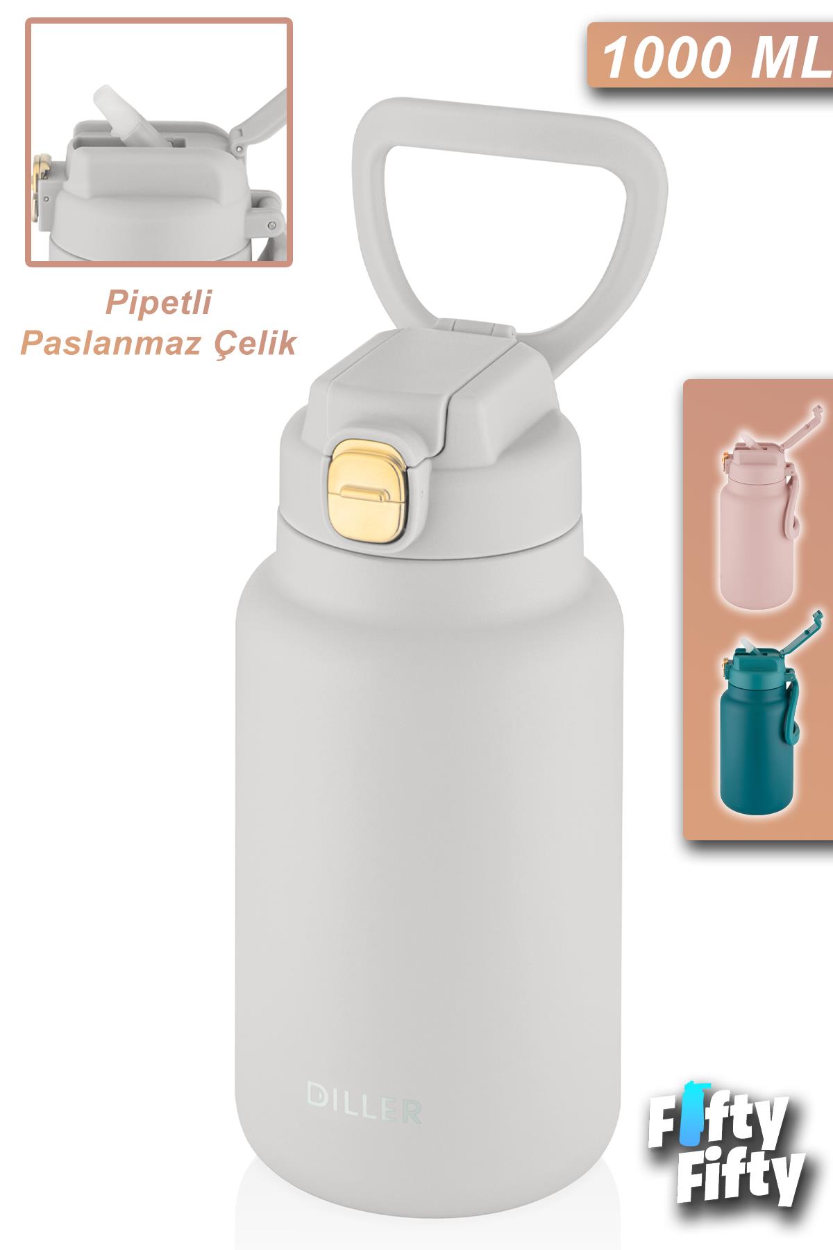 Vagonlife DILLER 1000ml Pipetli Taşıma Kulplu Çelik Matara 6 saat sıcak/soğuk tutma süresi 4 farklı renk - Beyaz
