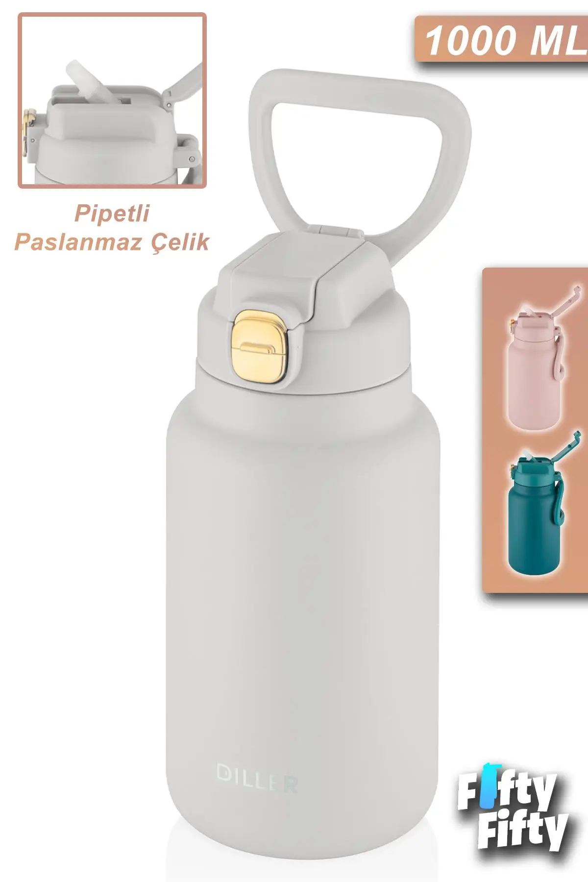 Vagonlife DILLER 1000ml Pipetli Taşıma Kulplu Çelik Matara 6 saat sıcak/soğuk tutma süresi 4 farklı renk - Beyaz