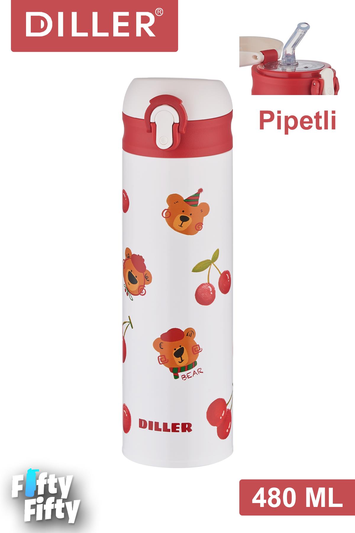 DILLER 480 ML Pipetli Paslanmaz Çelik Termos Vacum Cup Kilitli Kapak -FFDILLERD9228