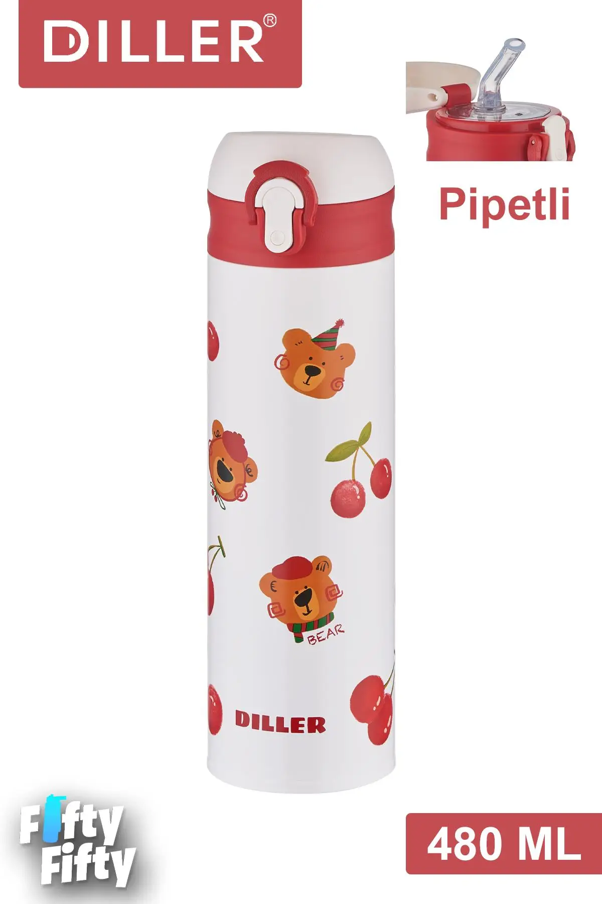 DILLER 480 ML Pipetli Paslanmaz Çelik Termos Vacum Cup Kilitli Kapak -FFDILLERD9228