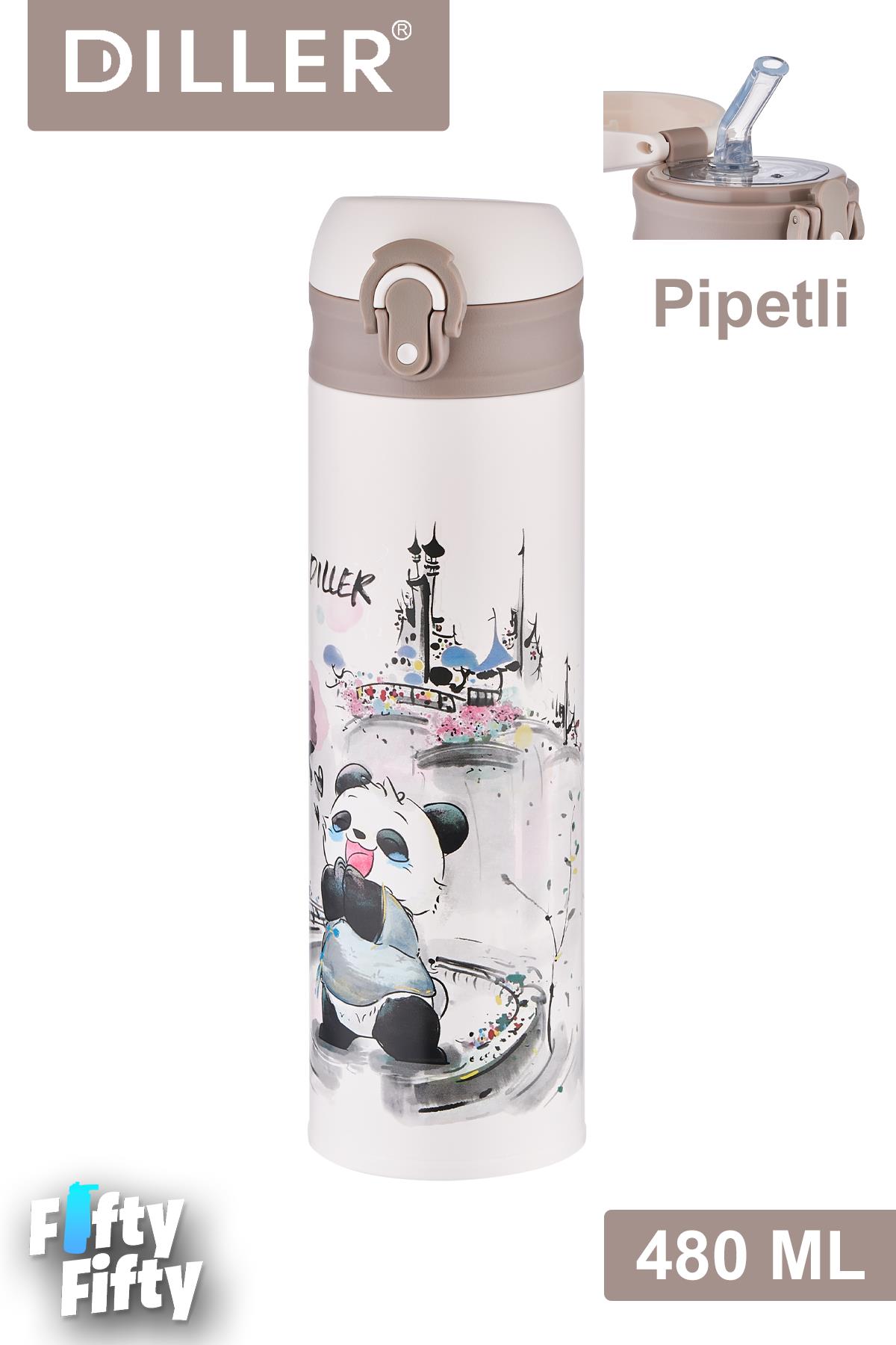 DILLER 480 ML Pipetli Paslanmaz Çelik Termos Vacum Cup Kilitli Kapak -FFDILLERD9248
