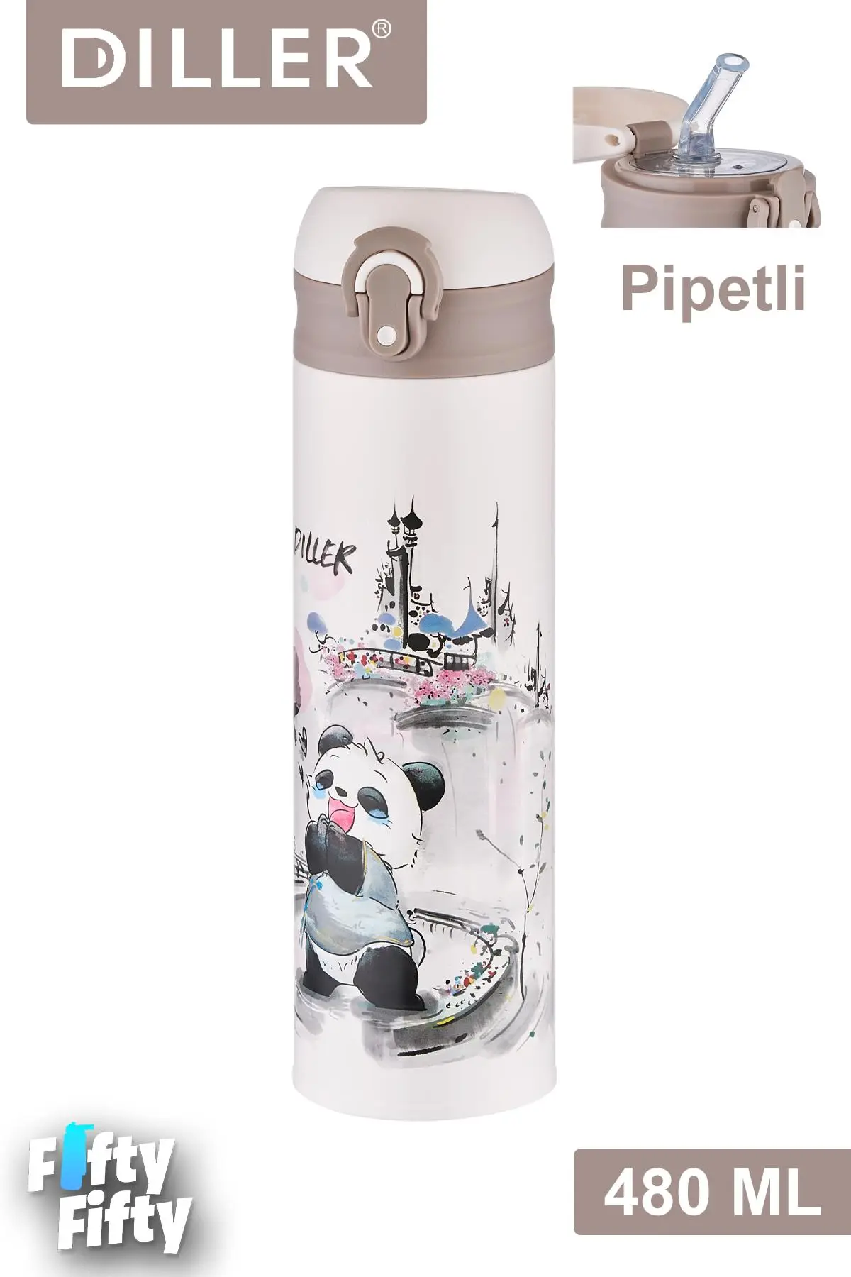 DILLER 480 ML Pipetli Paslanmaz Çelik Termos Vacum Cup Kilitli Kapak -FFDILLERD9248