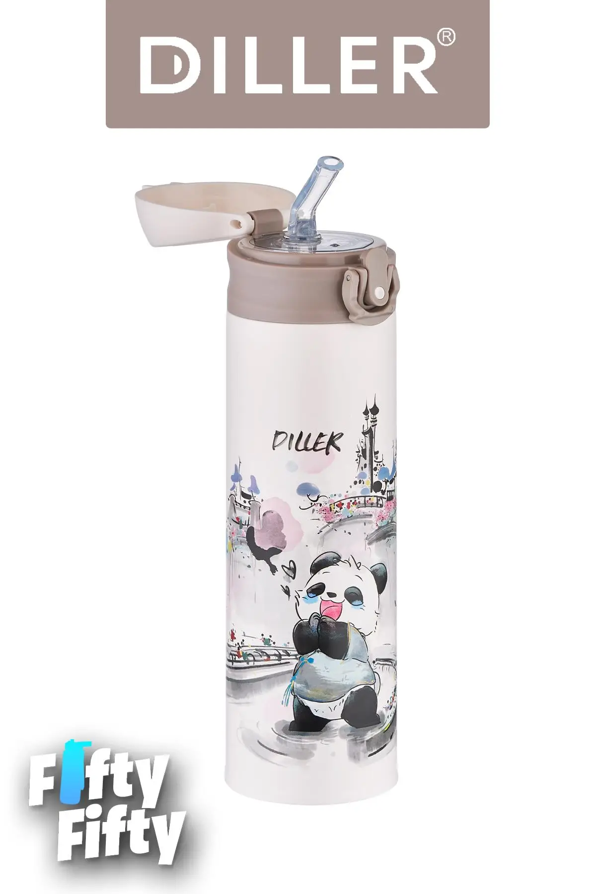 DILLER 480 ML Pipetli Paslanmaz Çelik Termos Vacum Cup Kilitli Kapak -FFDILLERD9248