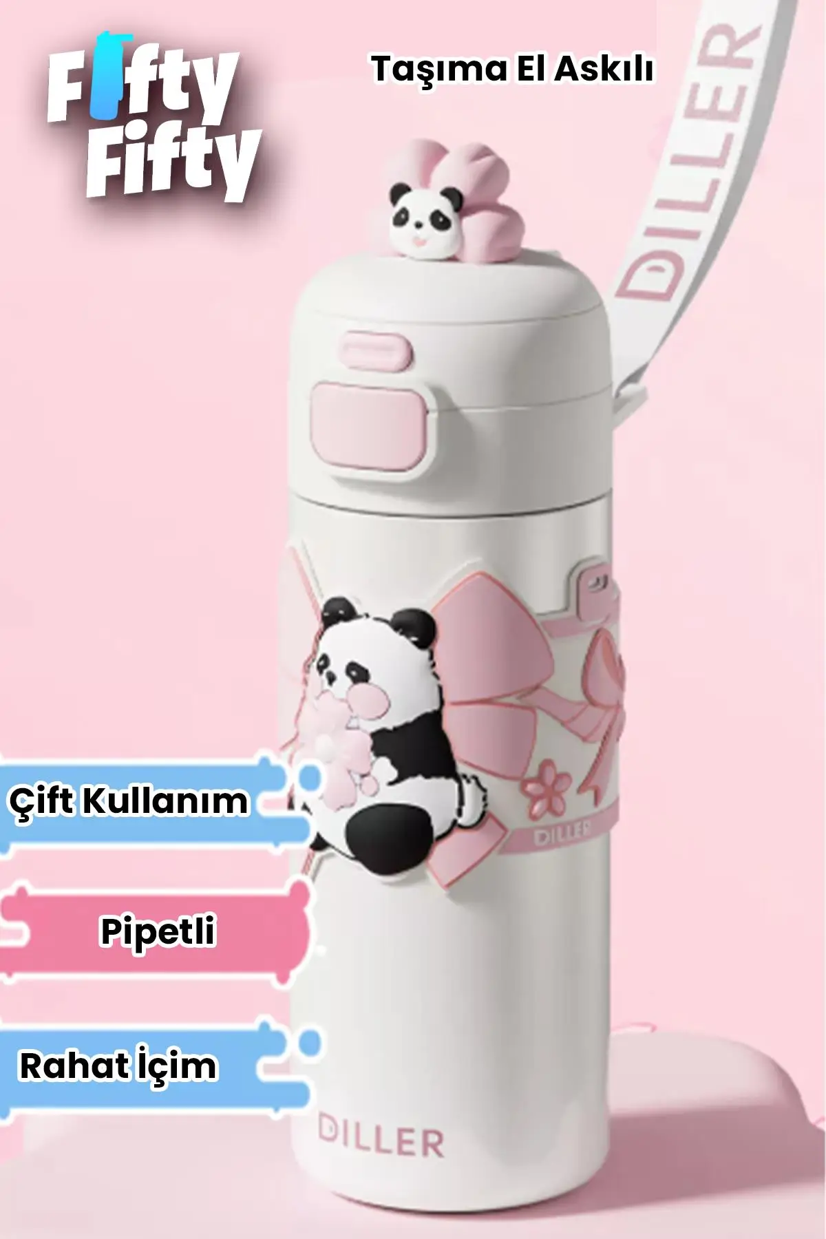 DILLER 480 ML Tek Kapak Çift Kullanım Pipetli/Pipetsiz Taşıma El Askılı Vacum Cup/Çelik Termos -FFD9317-480