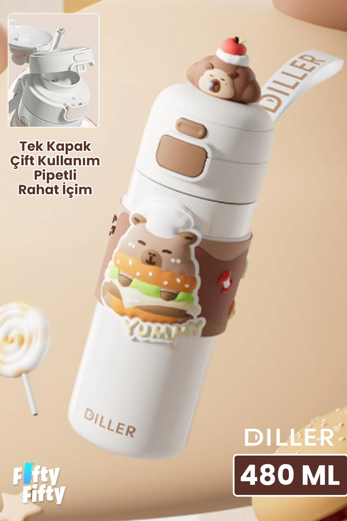 DILLER 480 ML Tek Kapak Çift Kullanım Pipetli/Pipetsiz Taşıma El Askılı Vacum Cup/Çelik Termos -FFD9351-480