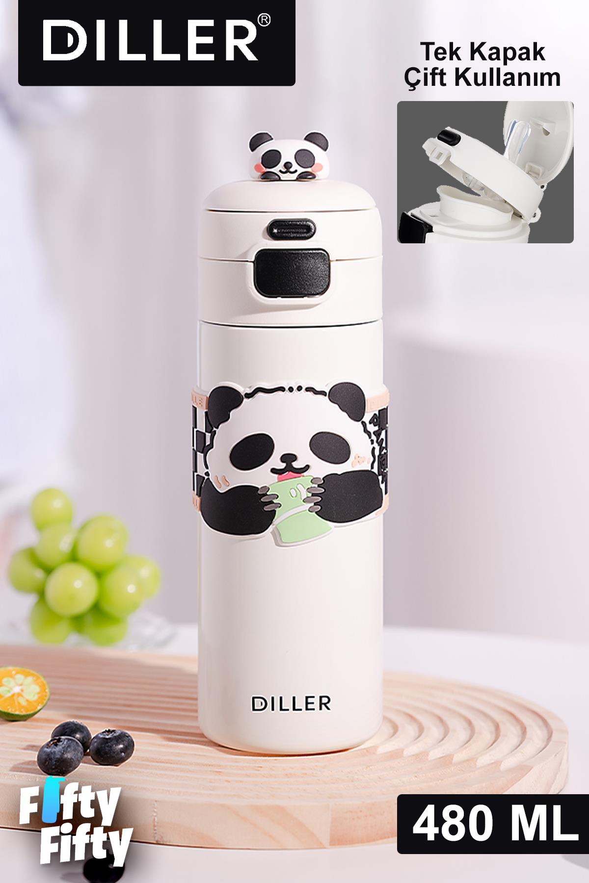 DILLER 480 ML Tek Kapak Çift Kullanım Pipetli/Pipetsiz Taşıma Kulplu Vacum Cup/Çelik Termos -FFD9240