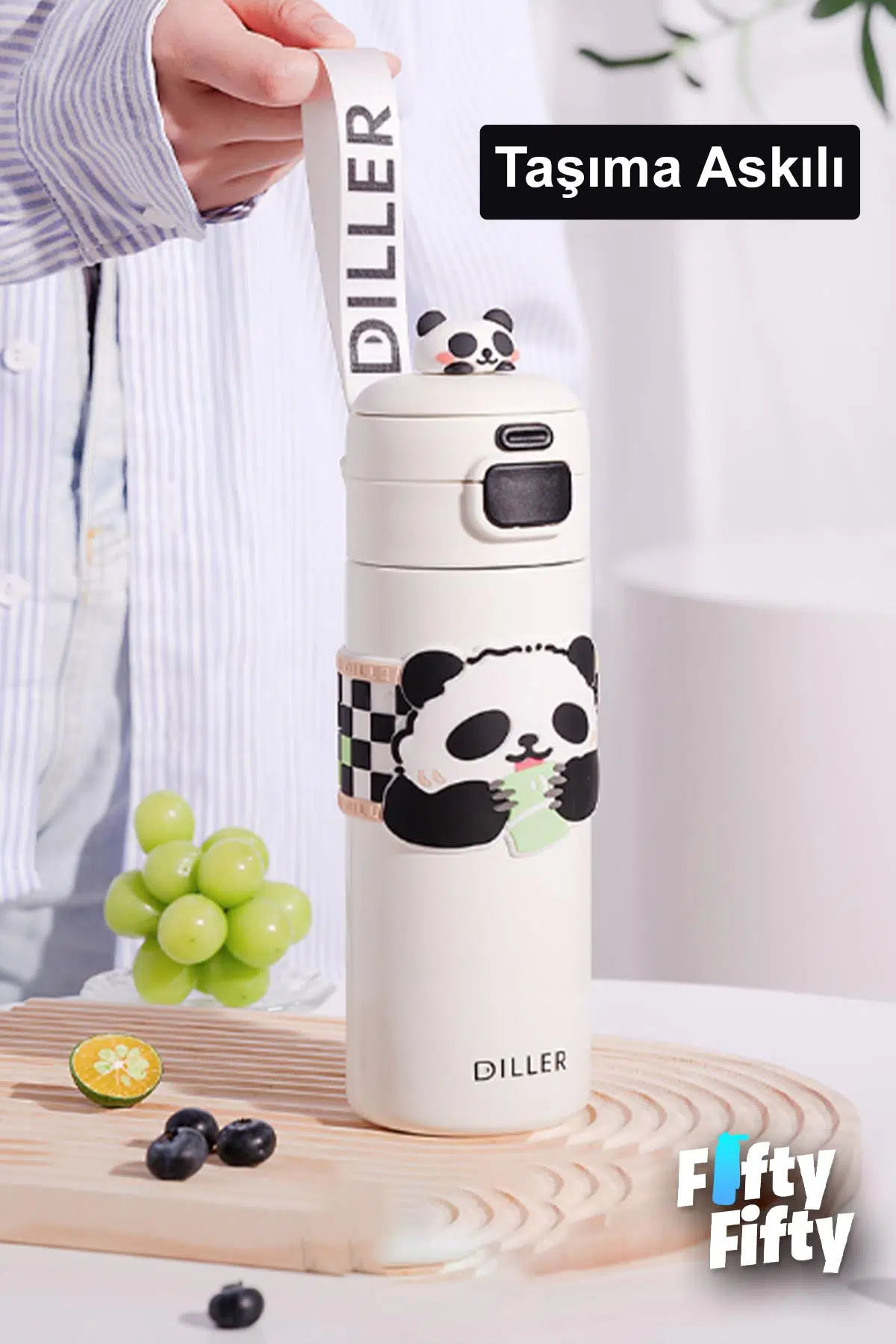 DILLER 480 ML Tek Kapak Çift Kullanım Pipetli/Pipetsiz Taşıma Kulplu Vacum Cup/Çelik Termos -FFD9240