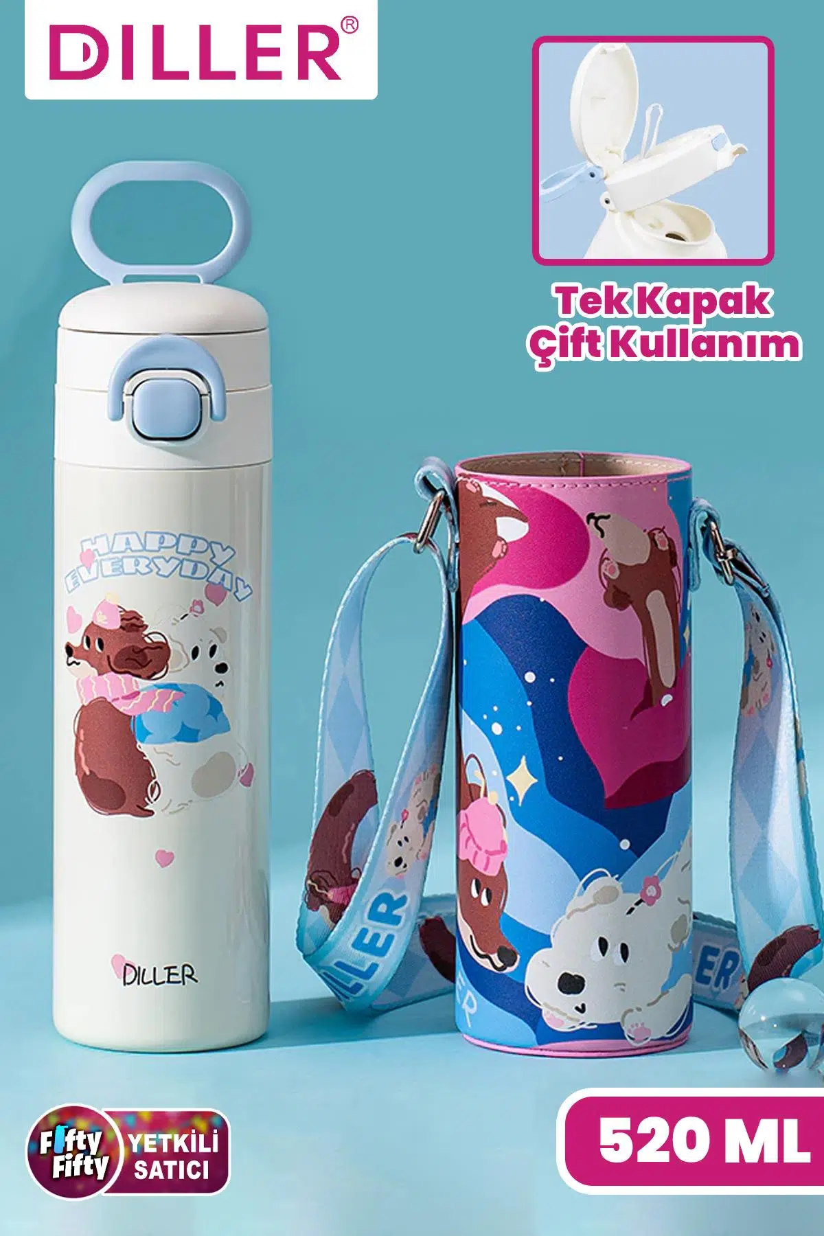 DILLER 520 ML Kılıflı Tek Kapak Çift Kullanım Pipetli/Pipetsiz Taşıma El Askılı Vacum Cup/Çelik Termos -D9338ML520