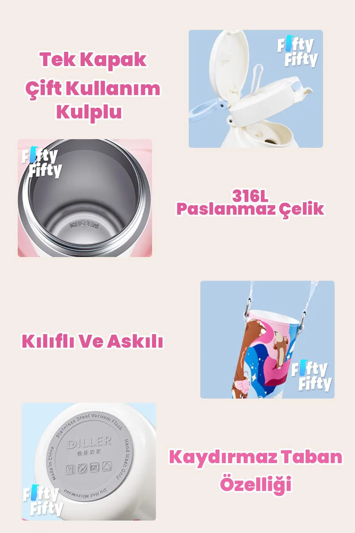 DILLER 520 ML Kılıflı Tek Kapak Çift Kullanım Pipetli/Pipetsiz Taşıma El Askılı Vacum Cup/Çelik Termos -D9338ML520