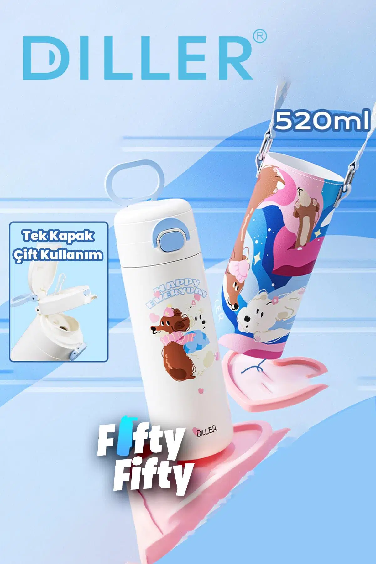 DILLER 520 ML Kılıflı Tek Kapak Çift Kullanım Pipetli/Pipetsiz Taşıma El Askılı Vacum Cup/Çelik Termos -D9338ML520