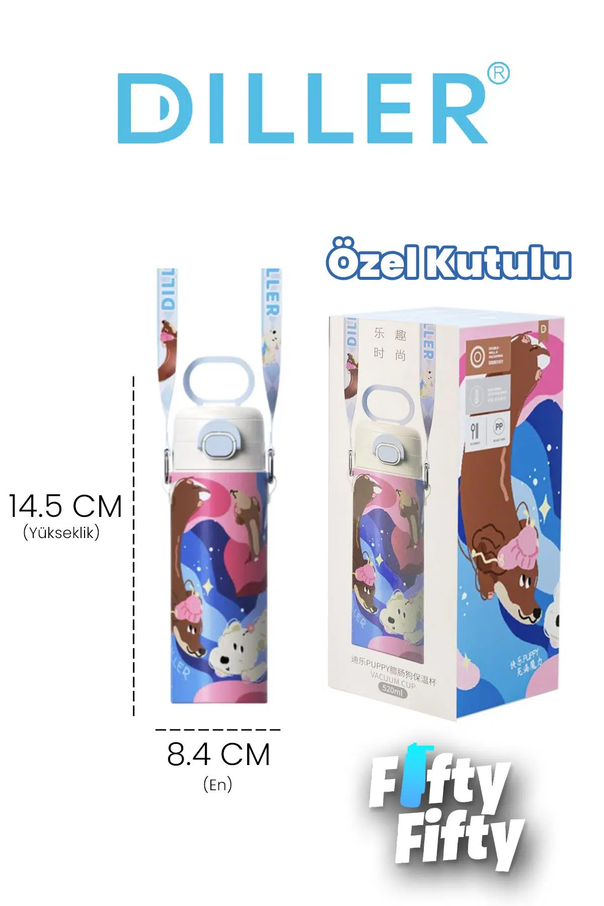 DILLER 520 ML Kılıflı Tek Kapak Çift Kullanım Pipetli/Pipetsiz Taşıma El Askılı Vacum Cup/Çelik Termos -D9338ML520