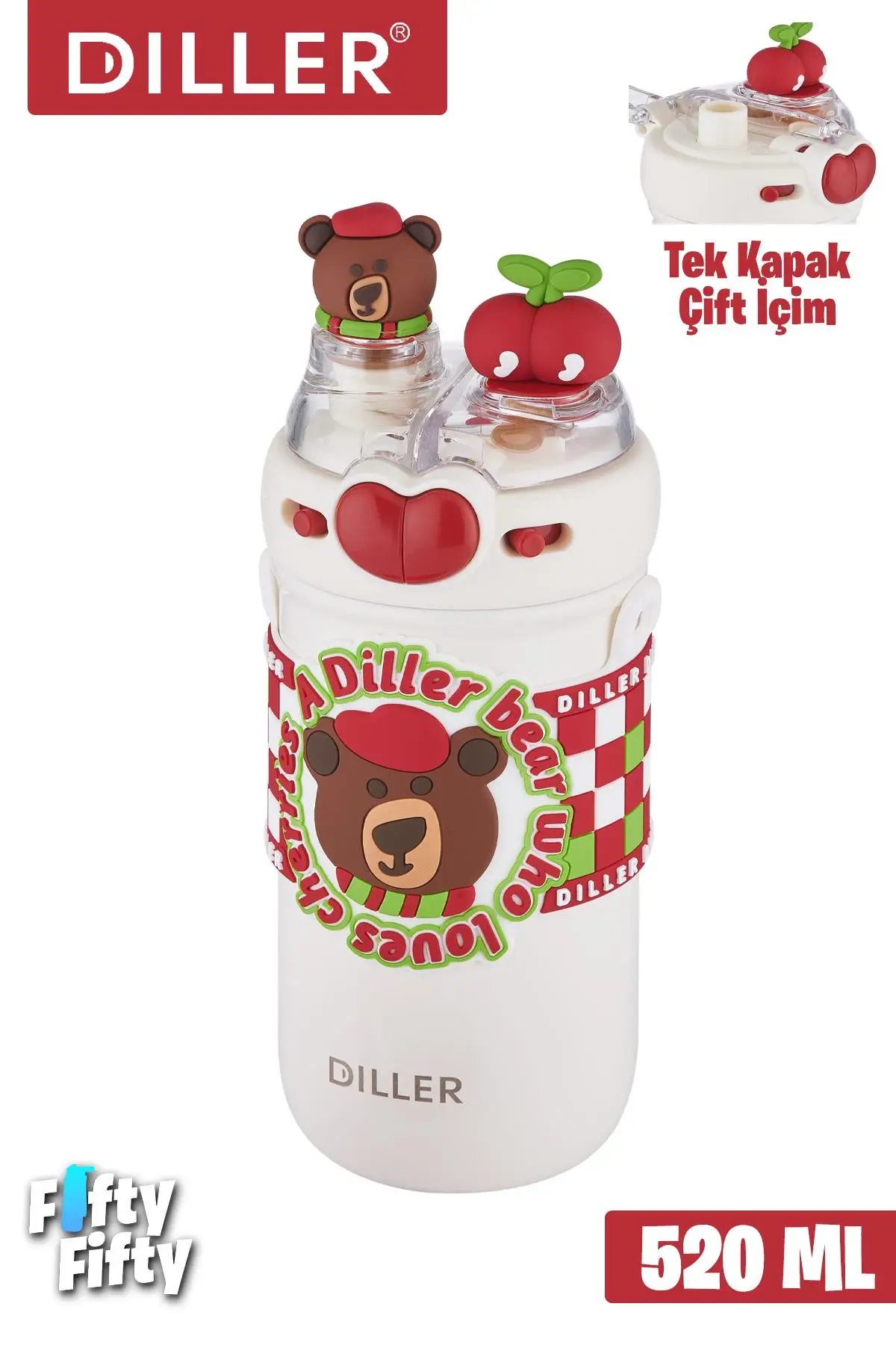 DILLER 520 ML Tek Kapak Çift Kullanım Pipetli/Pipetsiz Boyun Askılı/Çelik Termos -FFDILLERD93RENK - Kırmızı